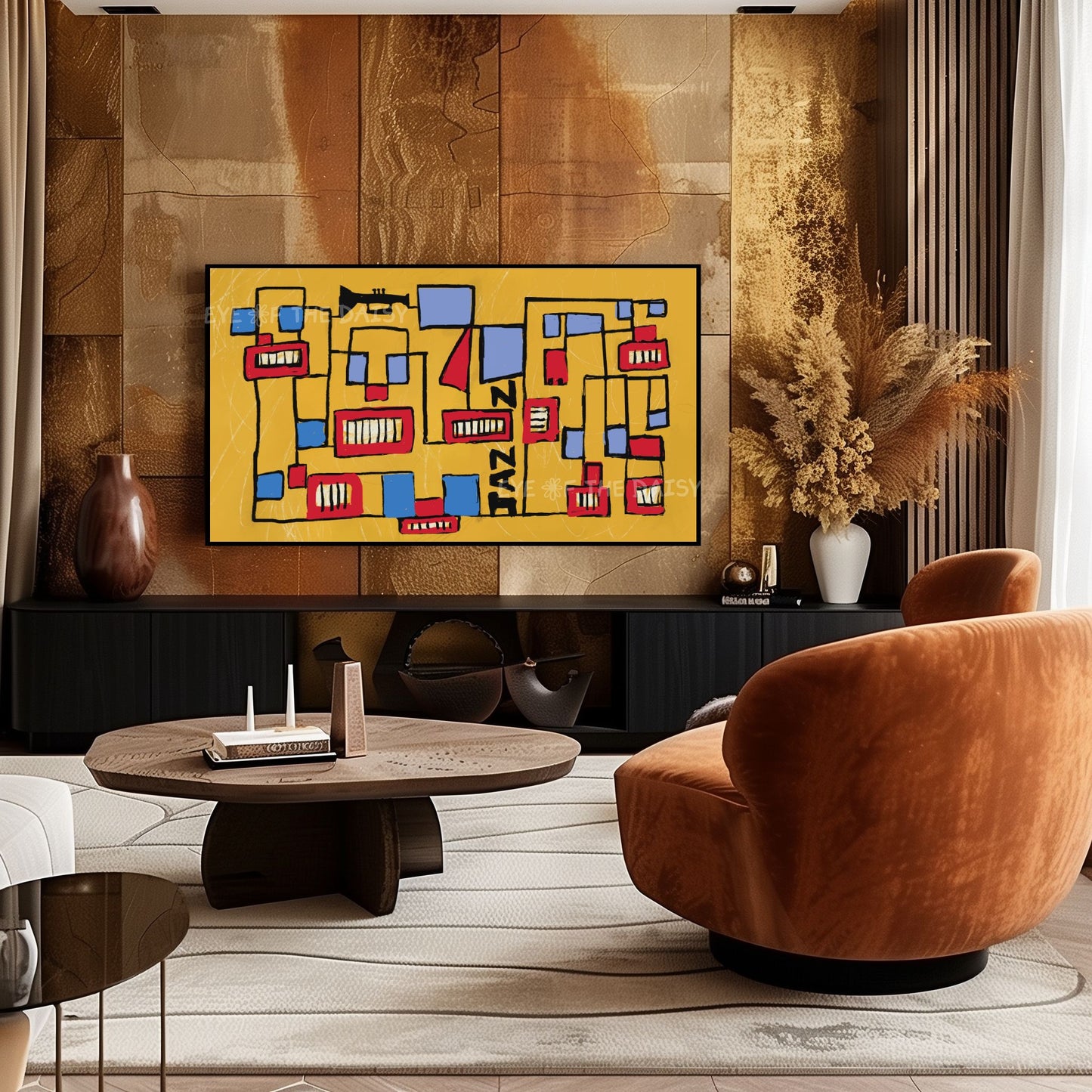Mustard Red Blue Mid Century Modern 4K TV Art | Jazz Vibrant Line Art for TV Screen 4K