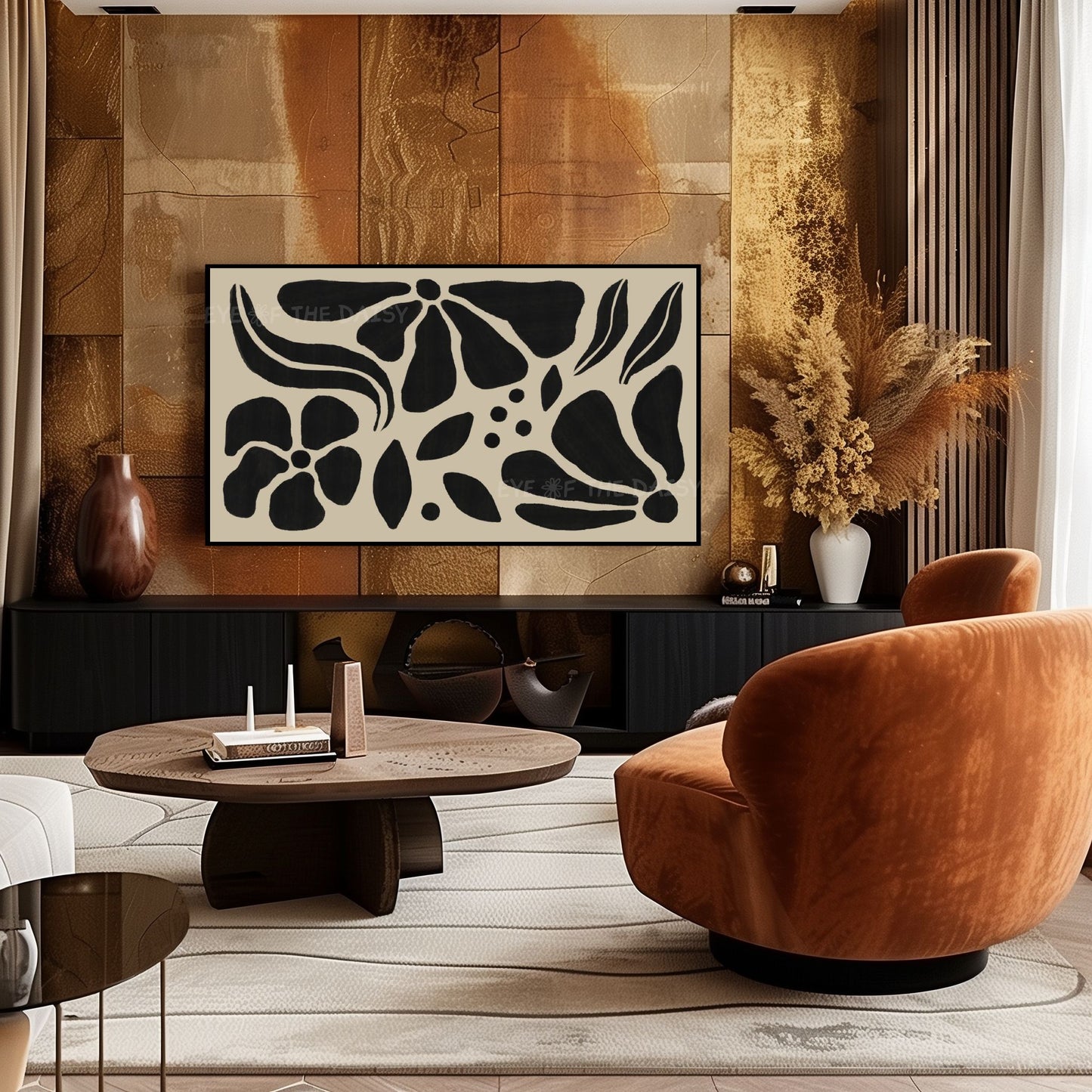 Black Beige Abstract Floral 4K TV Art | Boho Botanical Art for TV Screen