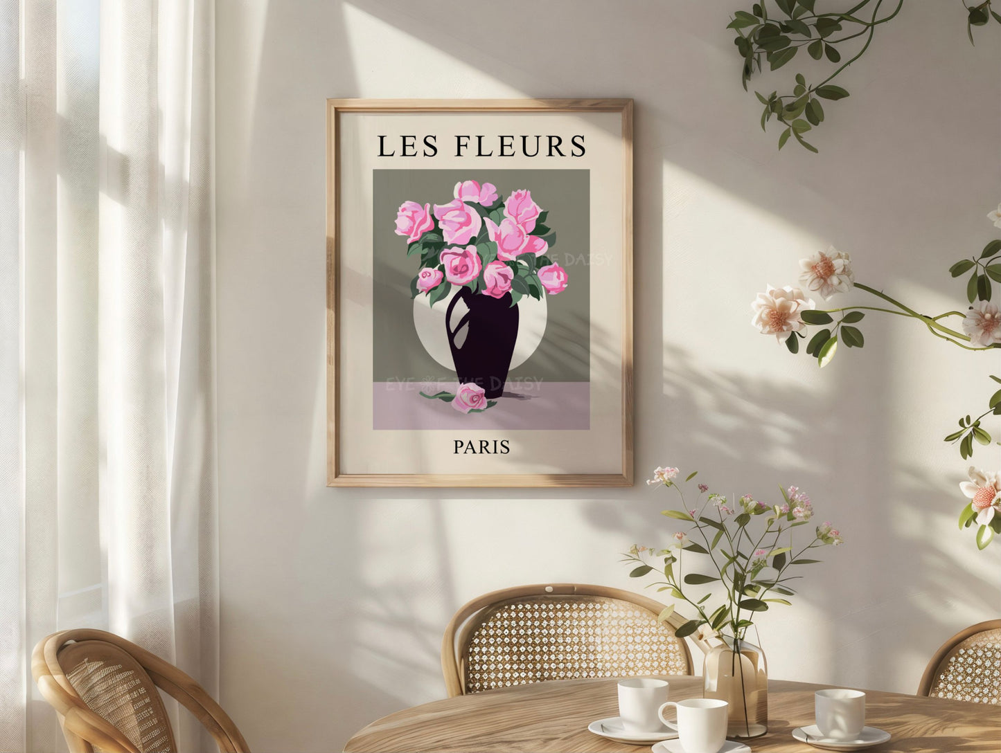 Exhibition style floral art print download — pink roses in vase with soft grey background, perfect printable poster for coquette or boho dining rooms