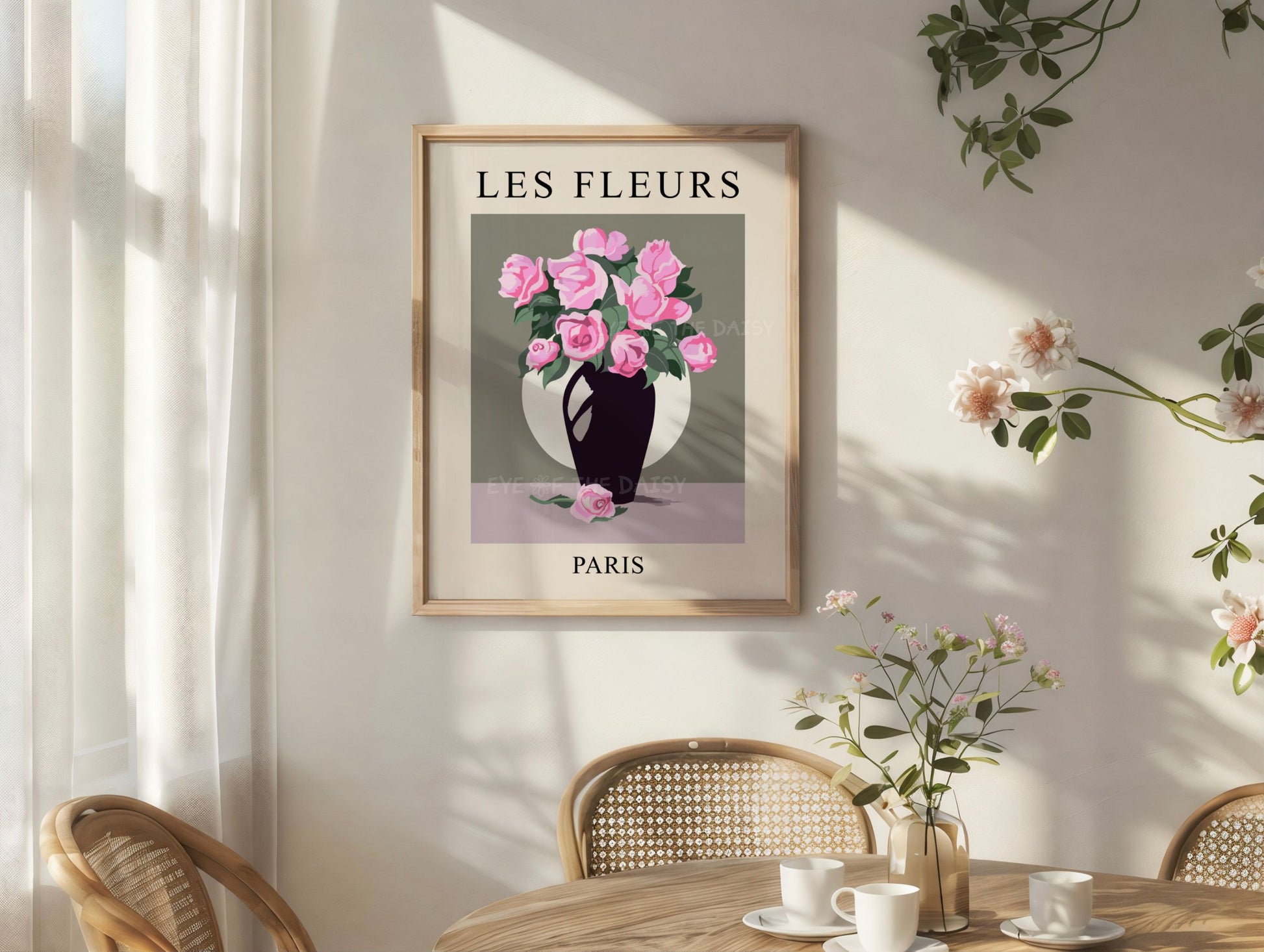 Exhibition style floral art print download — pink roses in vase with soft grey background, perfect printable poster for coquette or boho dining rooms