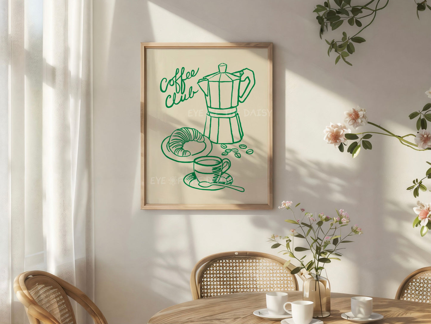 Mid century modern "Coffee Club" printable art with hand drawn illustration of Moka pot, cup of coffee & croissant, for a cosy breakfast nook
