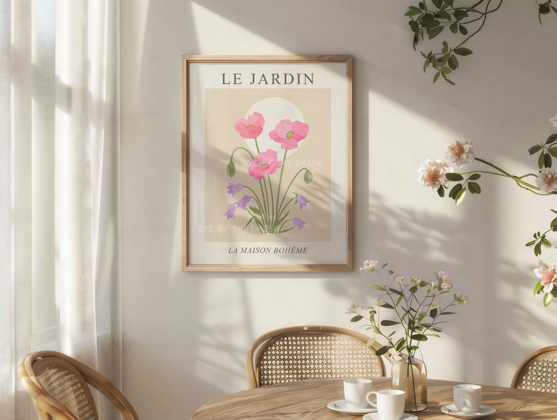 Pink poppies wall print – downloadable botanical art in pastel tones, printable flower decor for boho chic summer rental wall decor