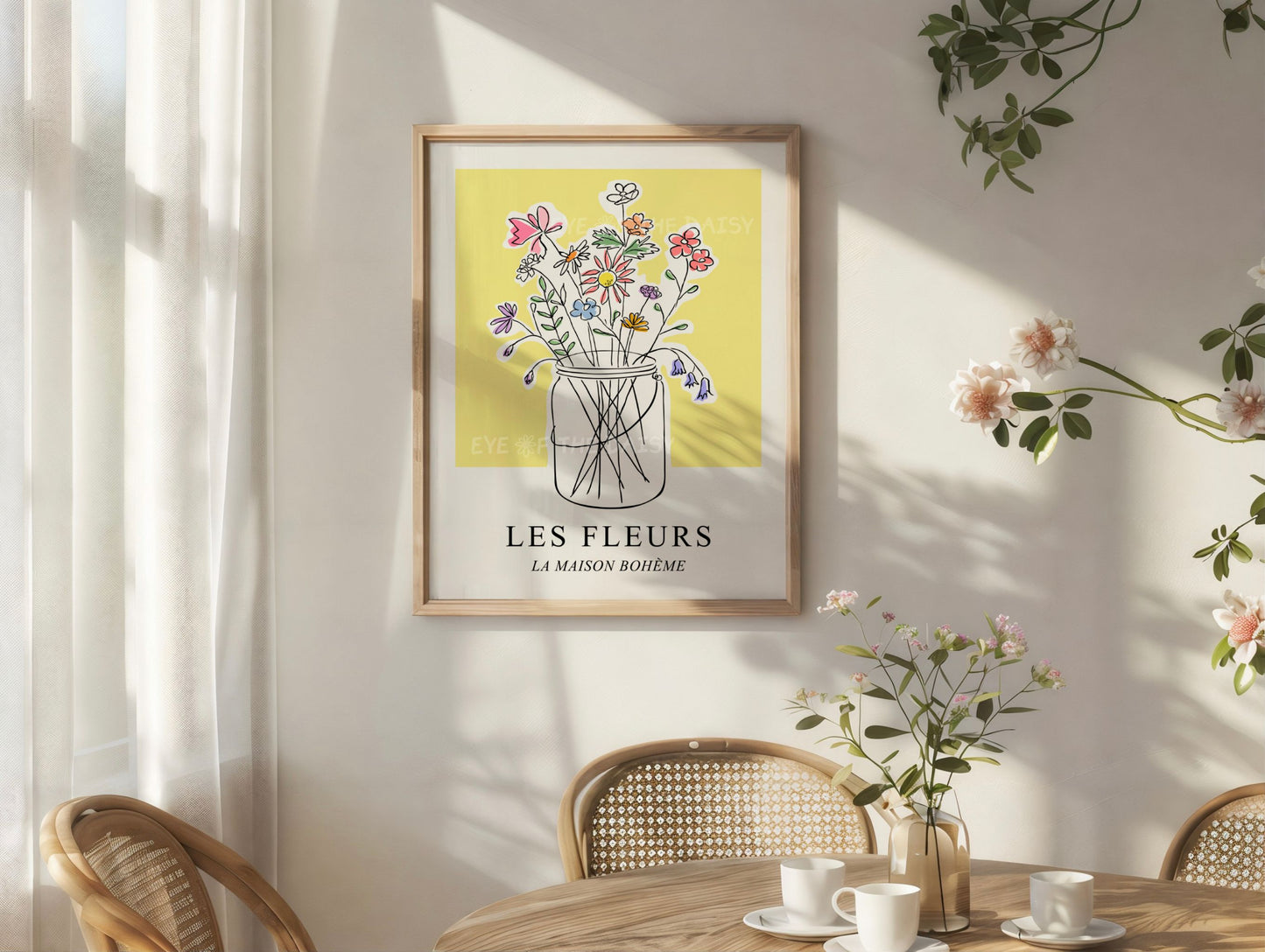 Printable floral wall art – hand-drawn wildflower jar on pastel yellow, perfect for cottagecore kids’ room or vintage bedroom