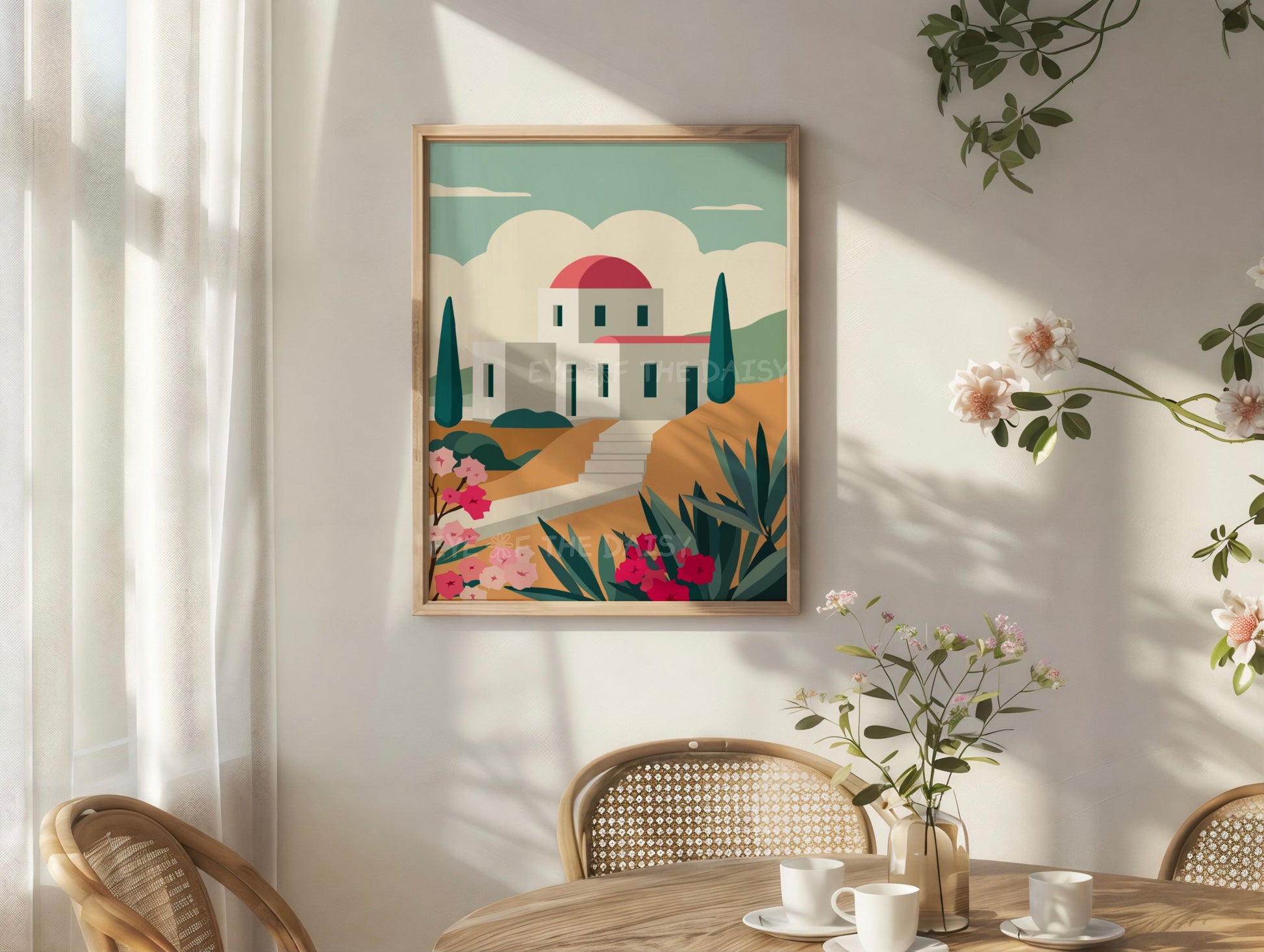 Greek landscape printable wall art – modern colorful abstract of Cycladic house, pink flowers and landscape