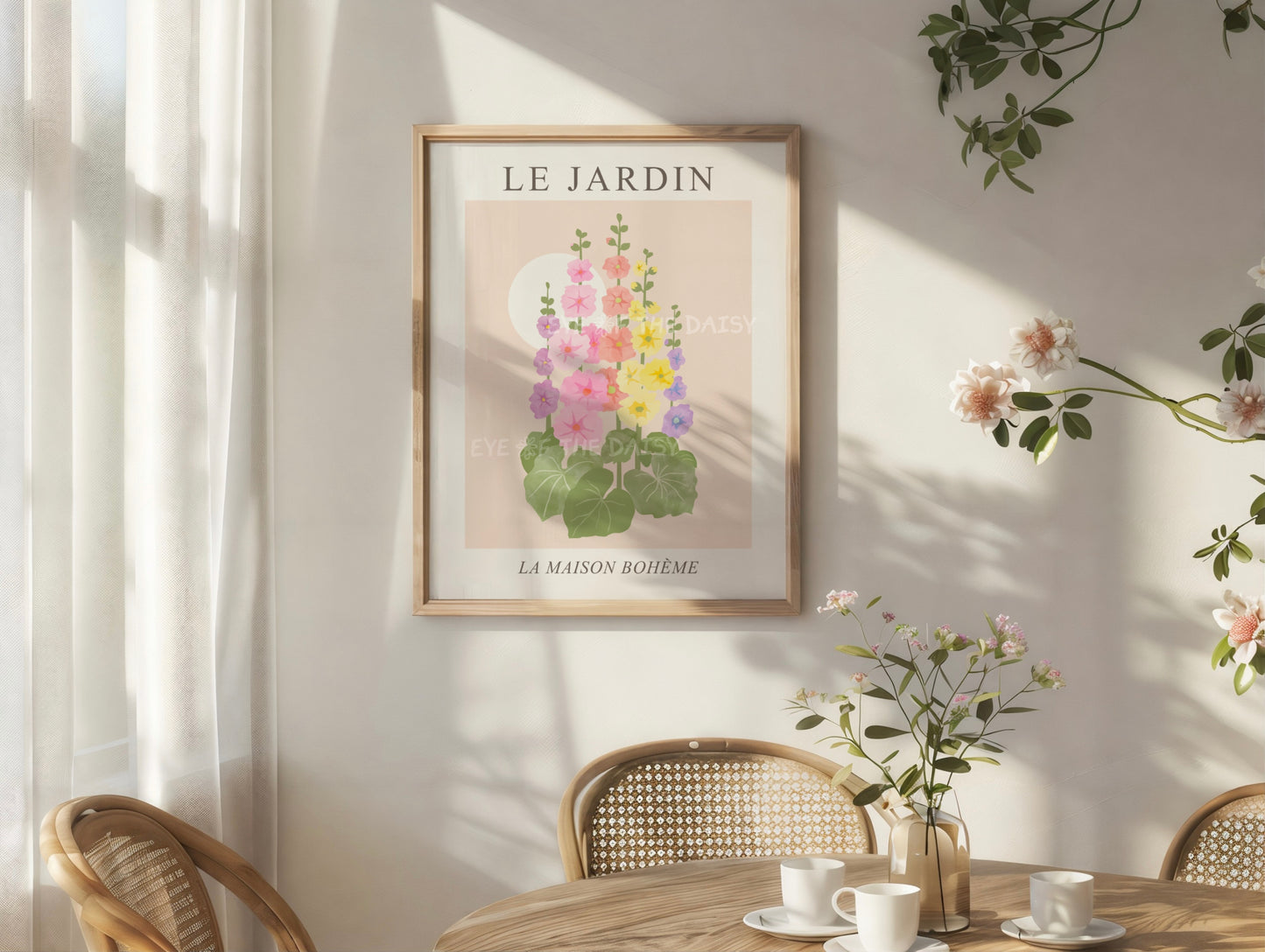 Le Jardin pastel Hollyhock poster printable — stylish floral digital download perfect for vacation rentals or summer home decor