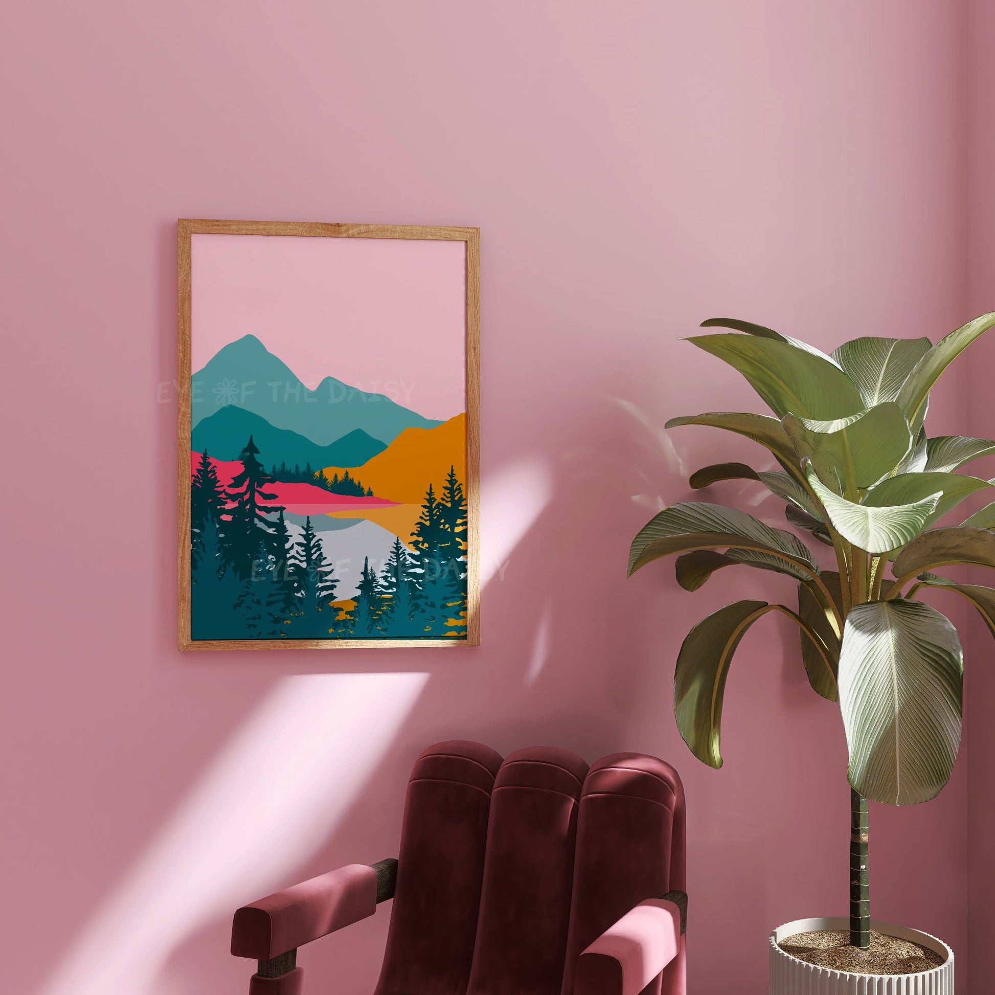 Downloadable abstract landscape set – bold mid-century modern wall art in pink, teal, orange, perfect for modern apartment decor