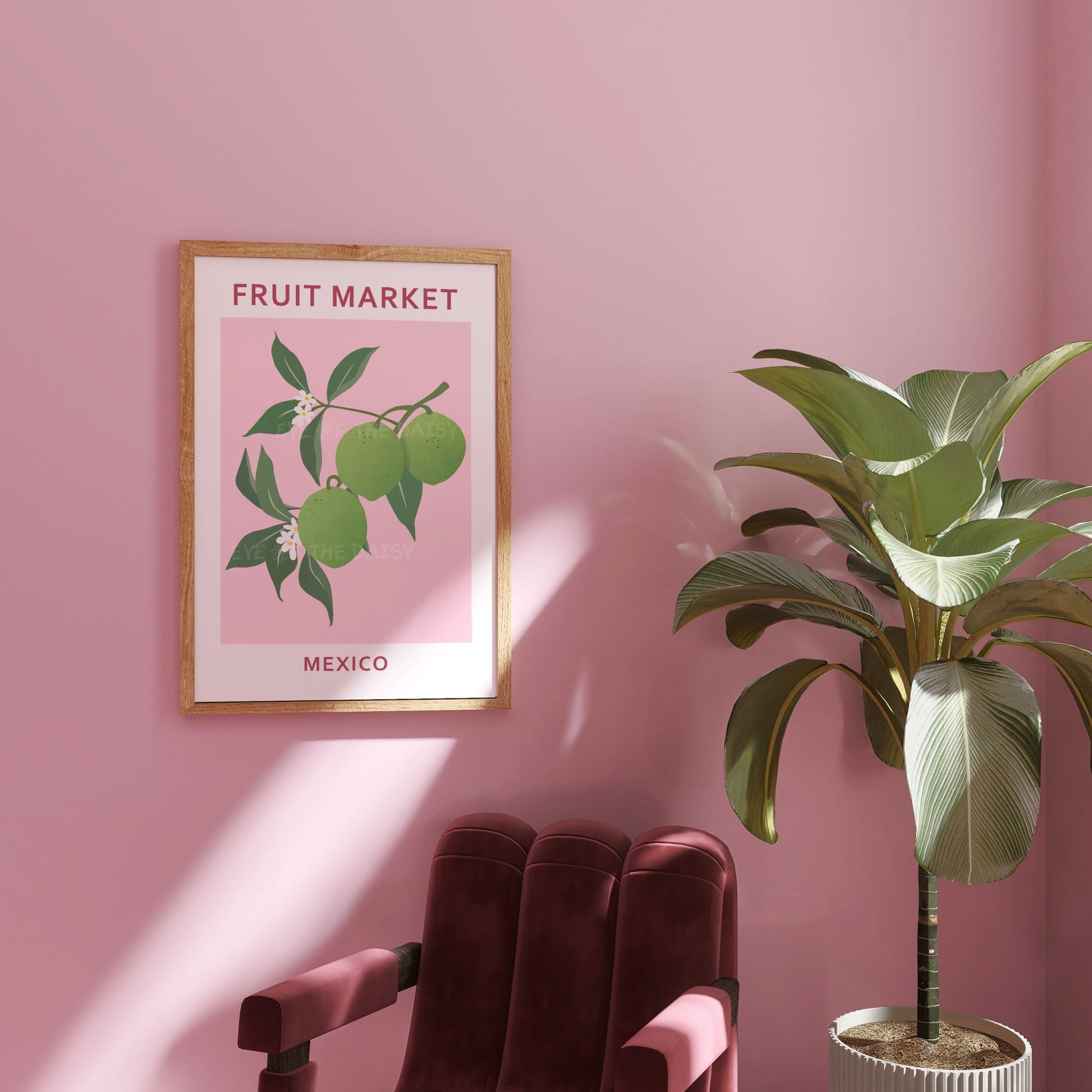 Abstract lime fruit wall print — pastel pink citrus poster for bright dopamine-style summer rental or playful holiday home decor