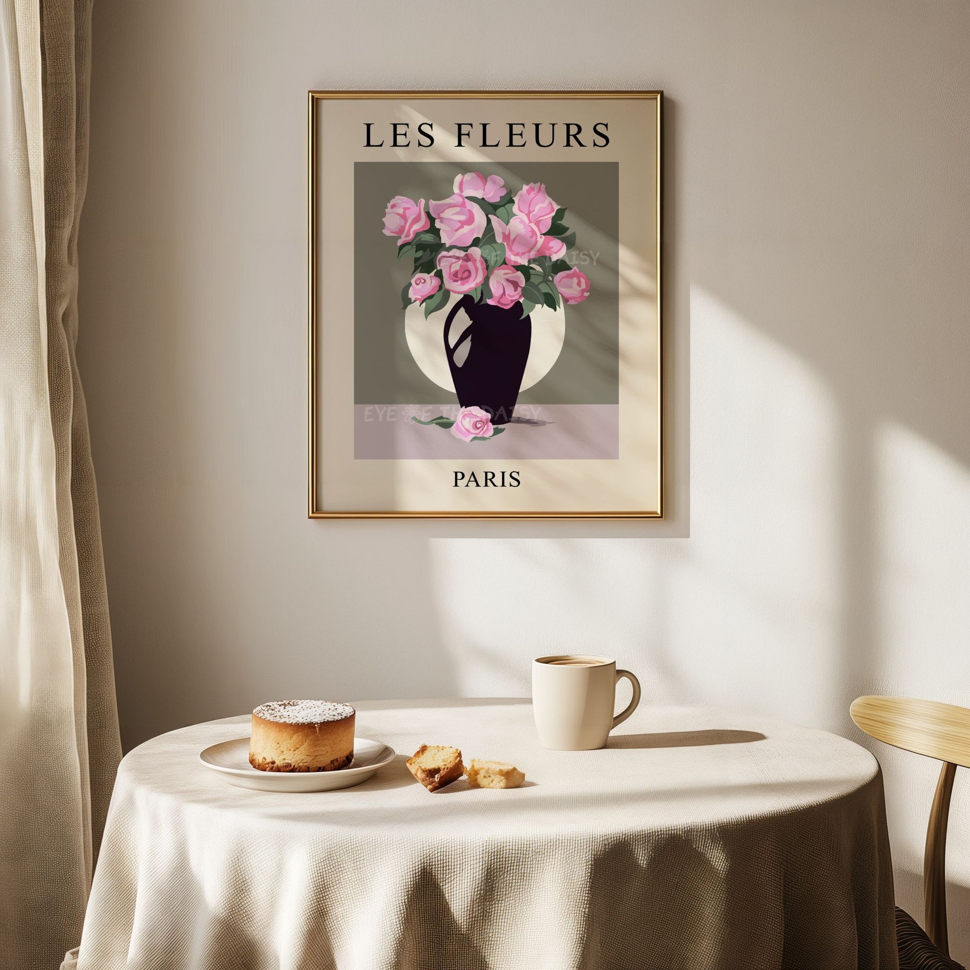 Pink rose bouquet Les Fleurs poster printable — vintage floral digital download perfect for feminine dining rooms or shabby chic decor