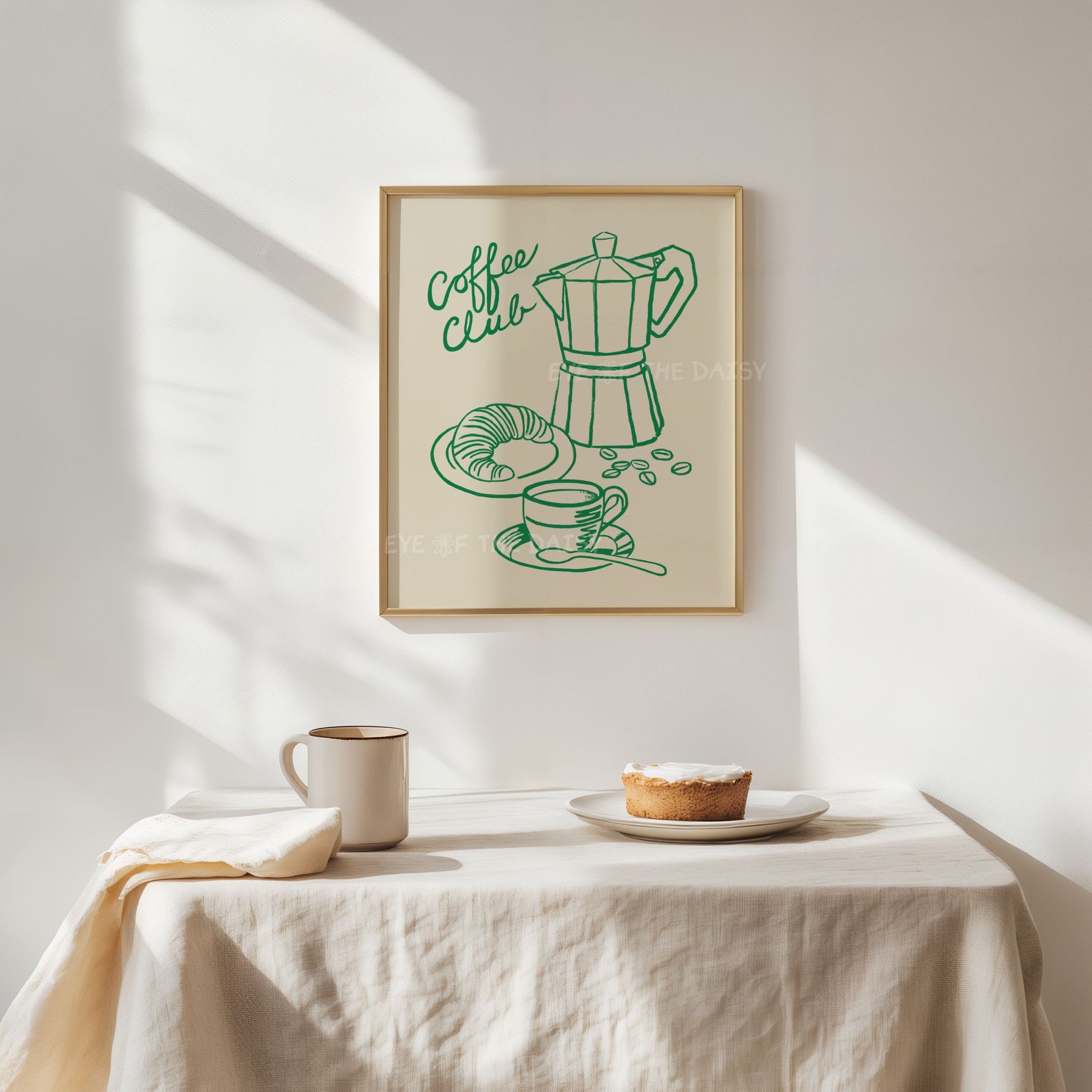 Contemporary green beige coffee club printable wall art, makes great coffee bar wall decor or coffee station print