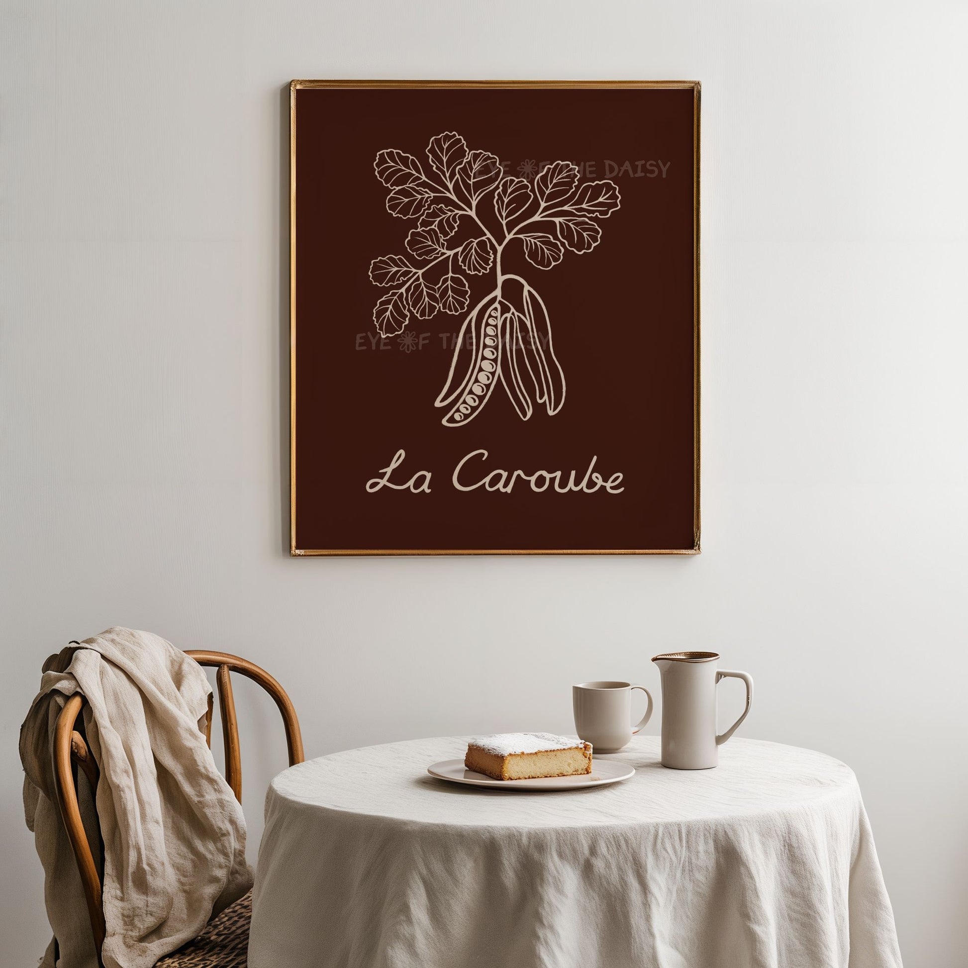 Carob plant line art digital print, chocolate brown tones for cozy coffee nook or café décor