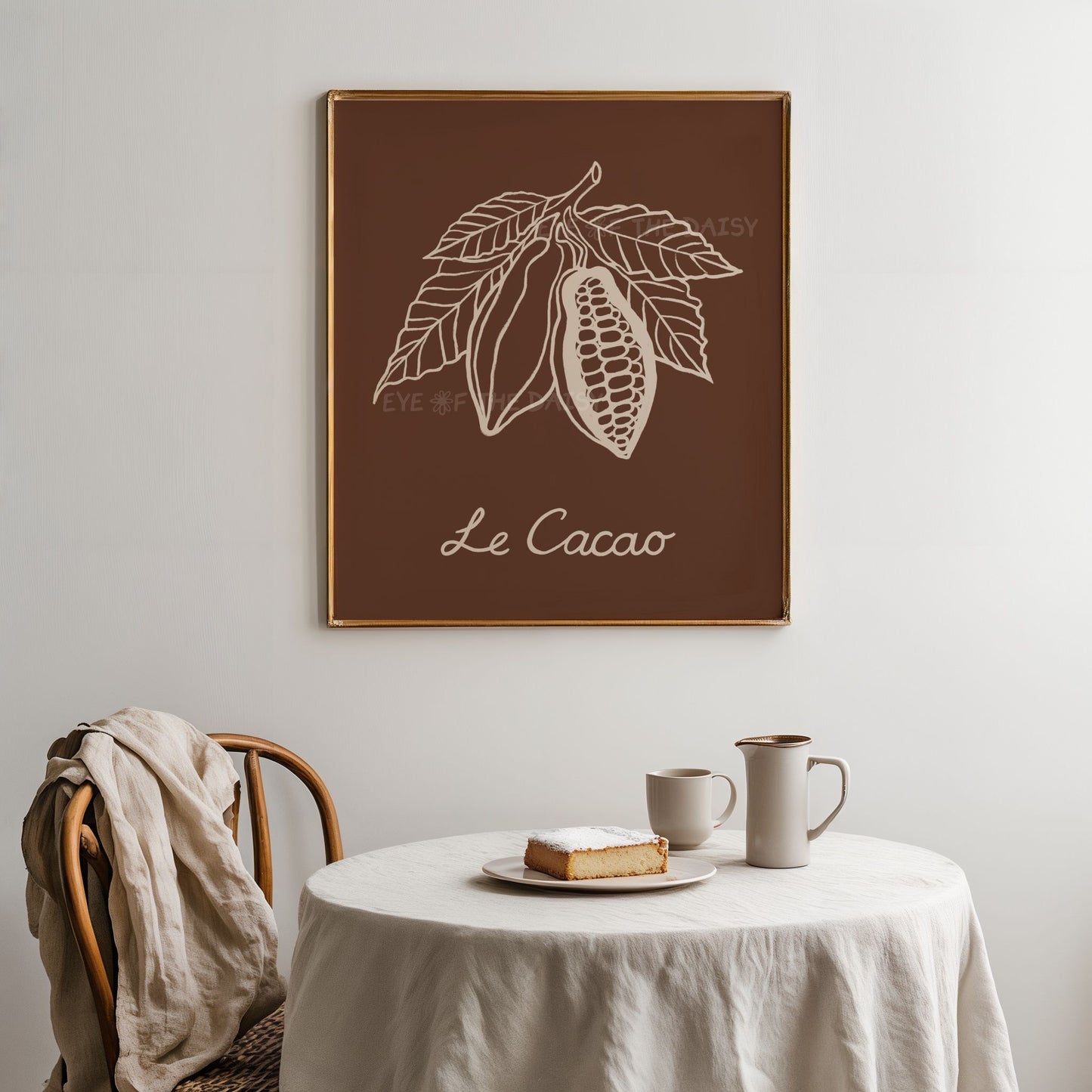 Chocolate brown cocoa plant poster with light beige line art, ideal for a home coffee bar