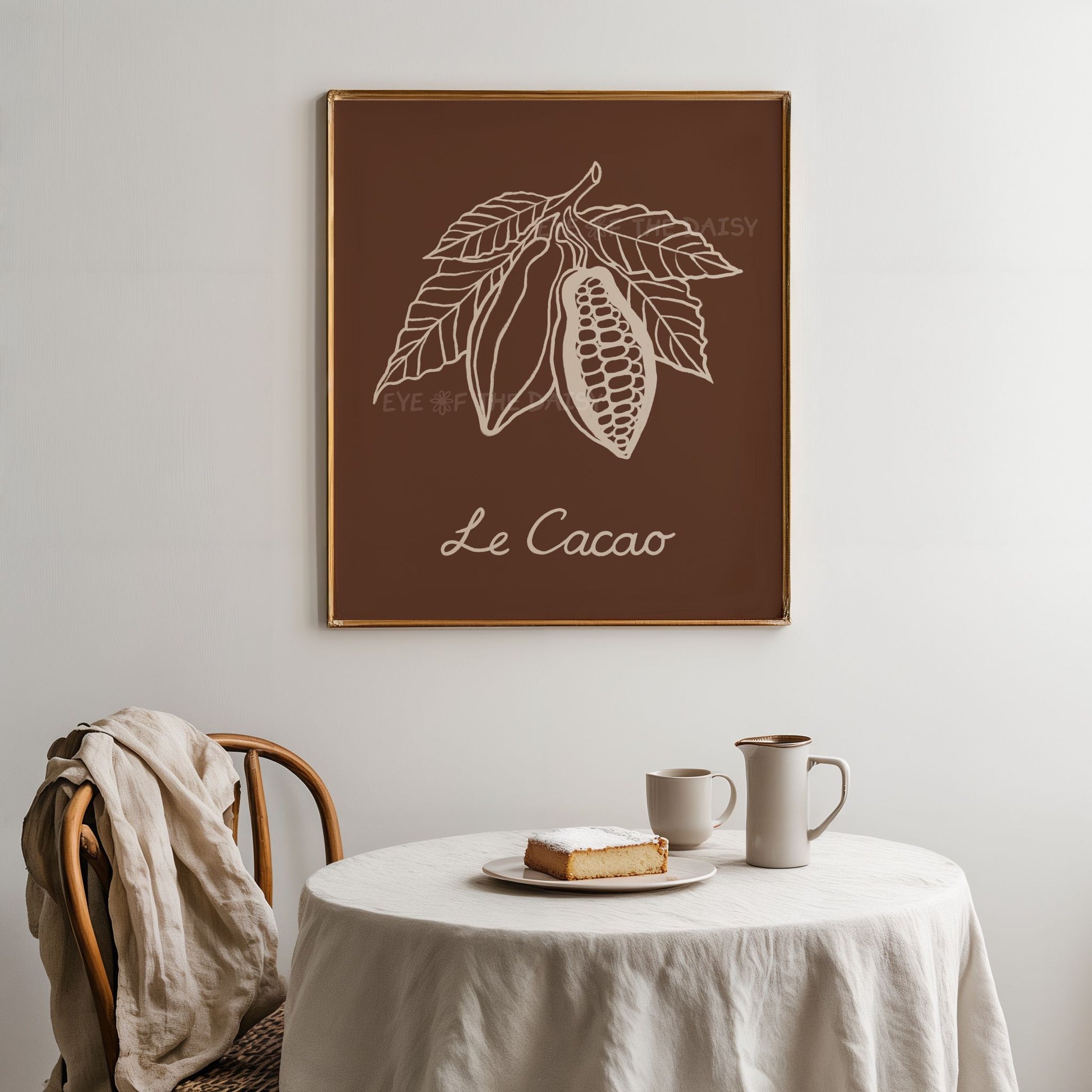 Chocolate brown cocoa plant poster with light beige line art, ideal for a home coffee bar