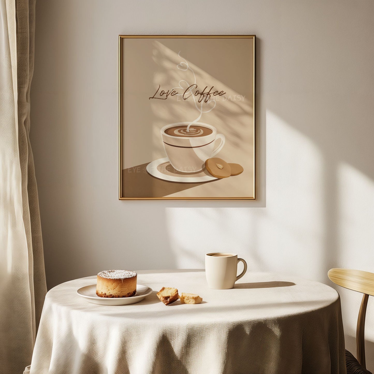 Minimal retro coffee print in beige neutral tones, with cup of coffee illustration, great for coffee bar printable wall art