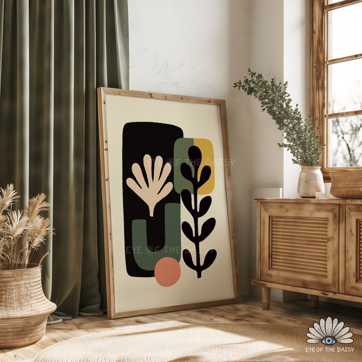 Boho Botanical Print Digital Download | Beige Green Salmon Mustard Organic Shapes Printable Wall Art