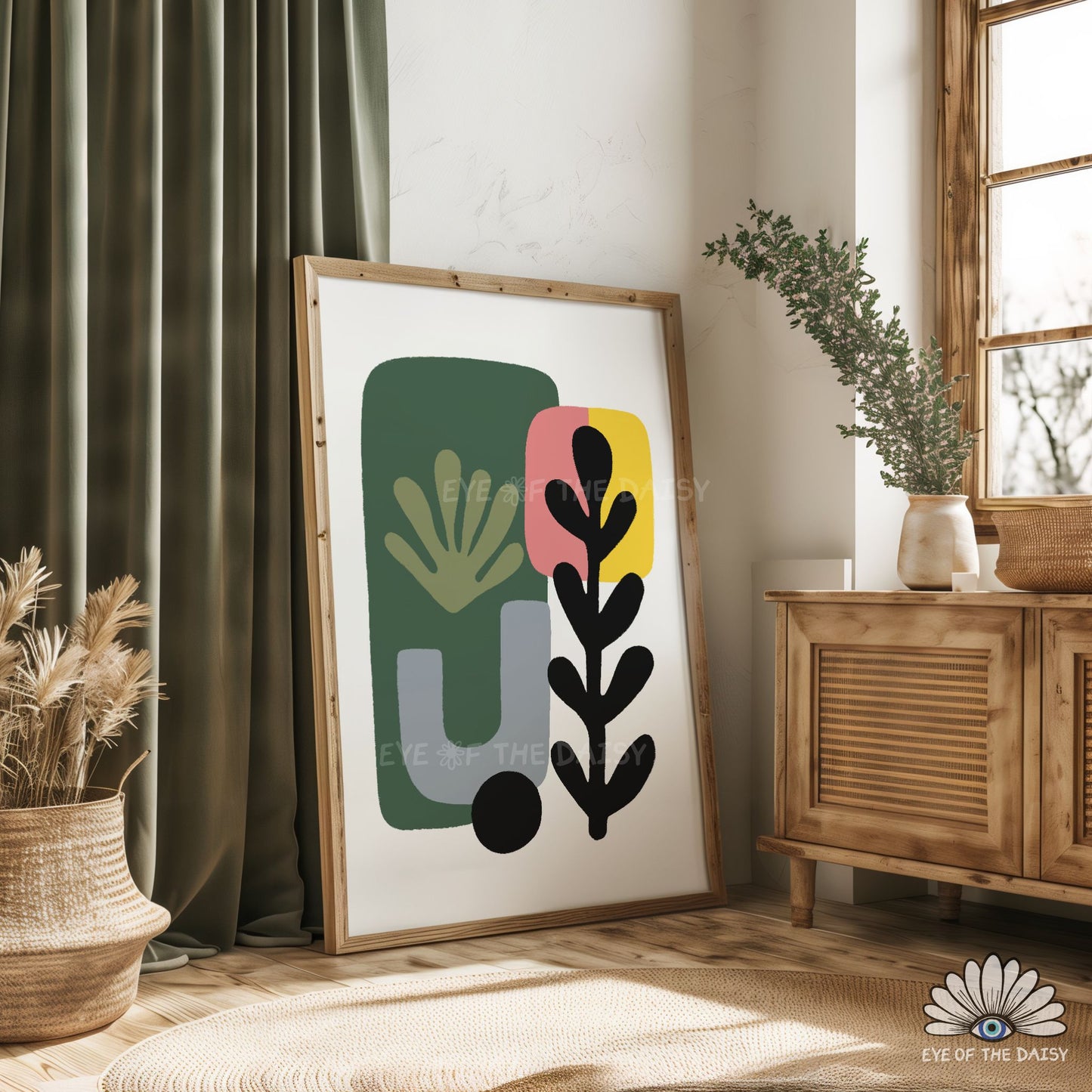 Mid Century Modern Botanical Print Digital Download | Salmon Pink Mustard Green Abstract Printable Art