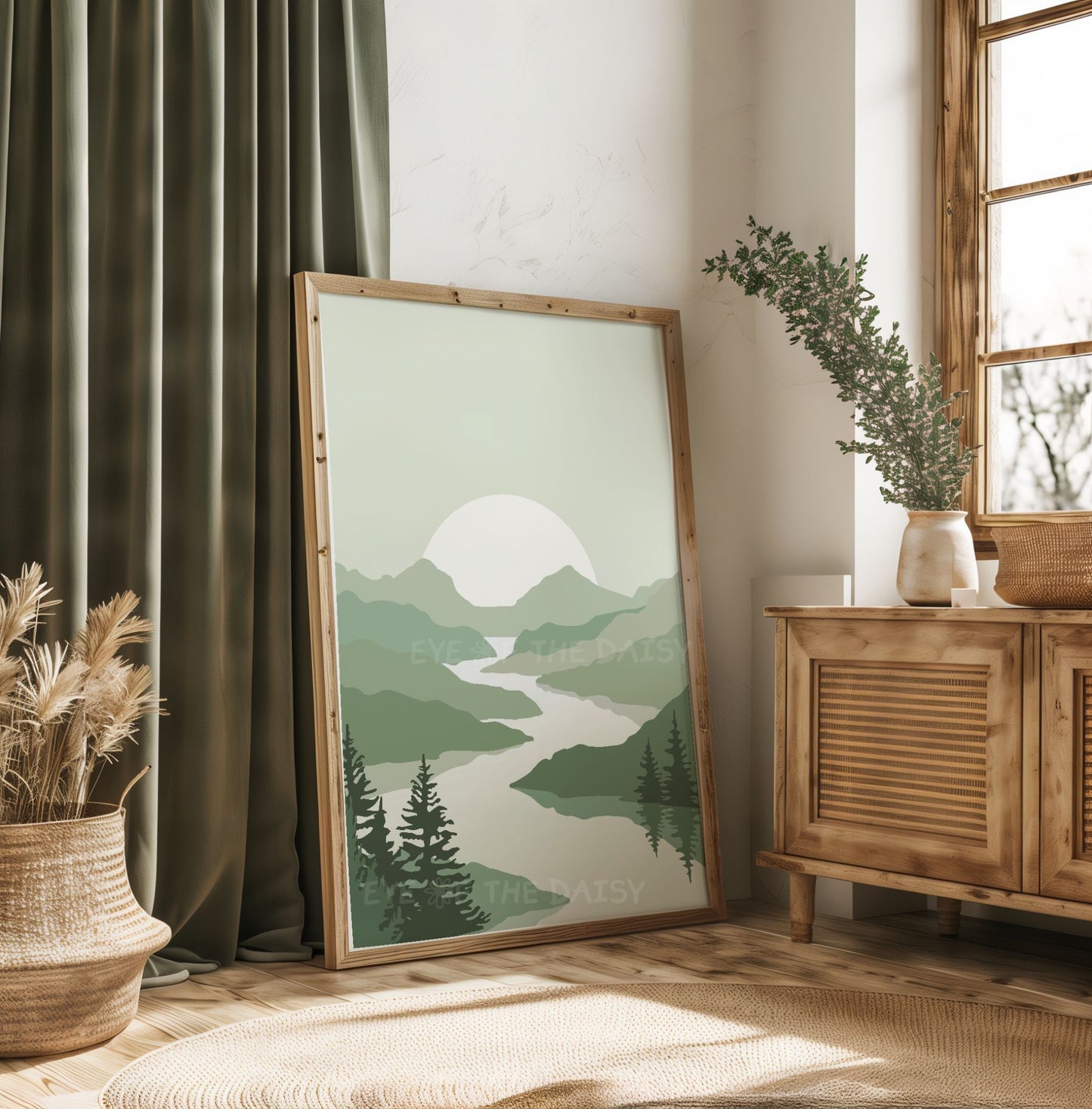 Mid century modern sage green abstract landscape printable wall art of mountains, trees and a river in a boho living room