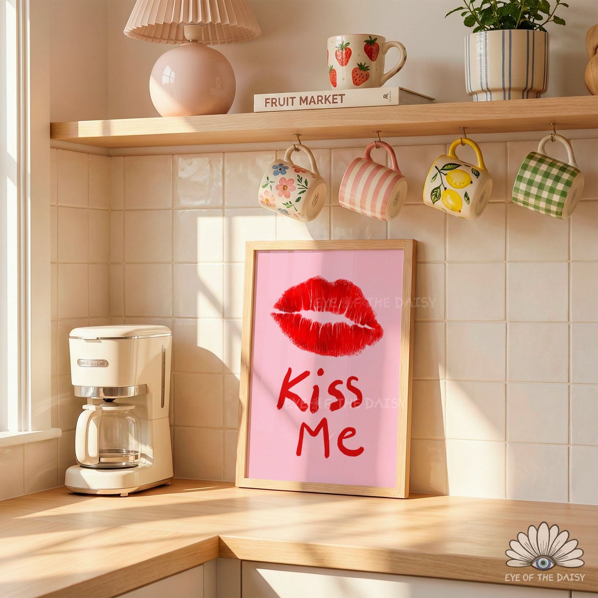 Retro Kiss Me red lips digital download, feminine hand drawn print instant download for eclectic bedrooms or dorms