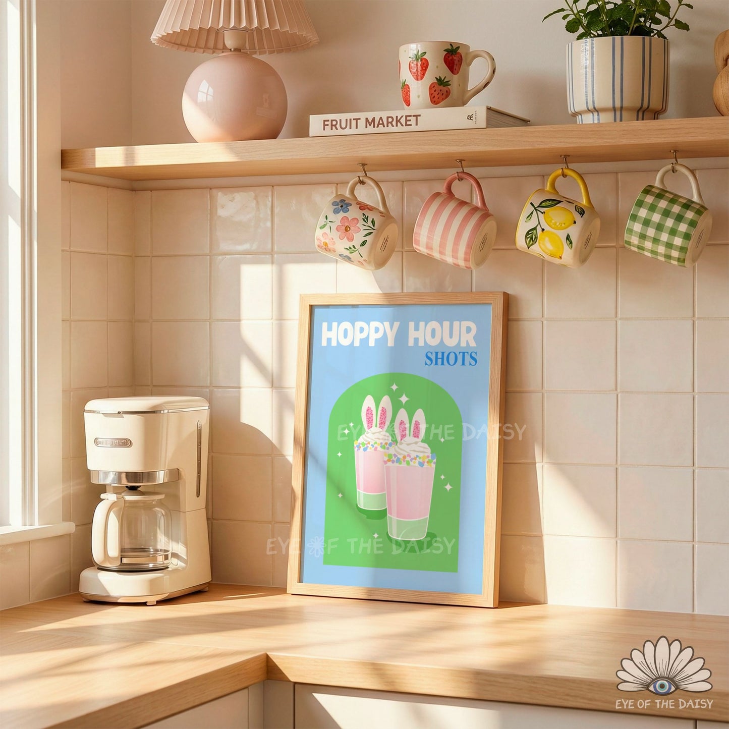 Hoppy Hour Shots printable wall art, colourful Easter bar sign, funny Easter kitchen decor