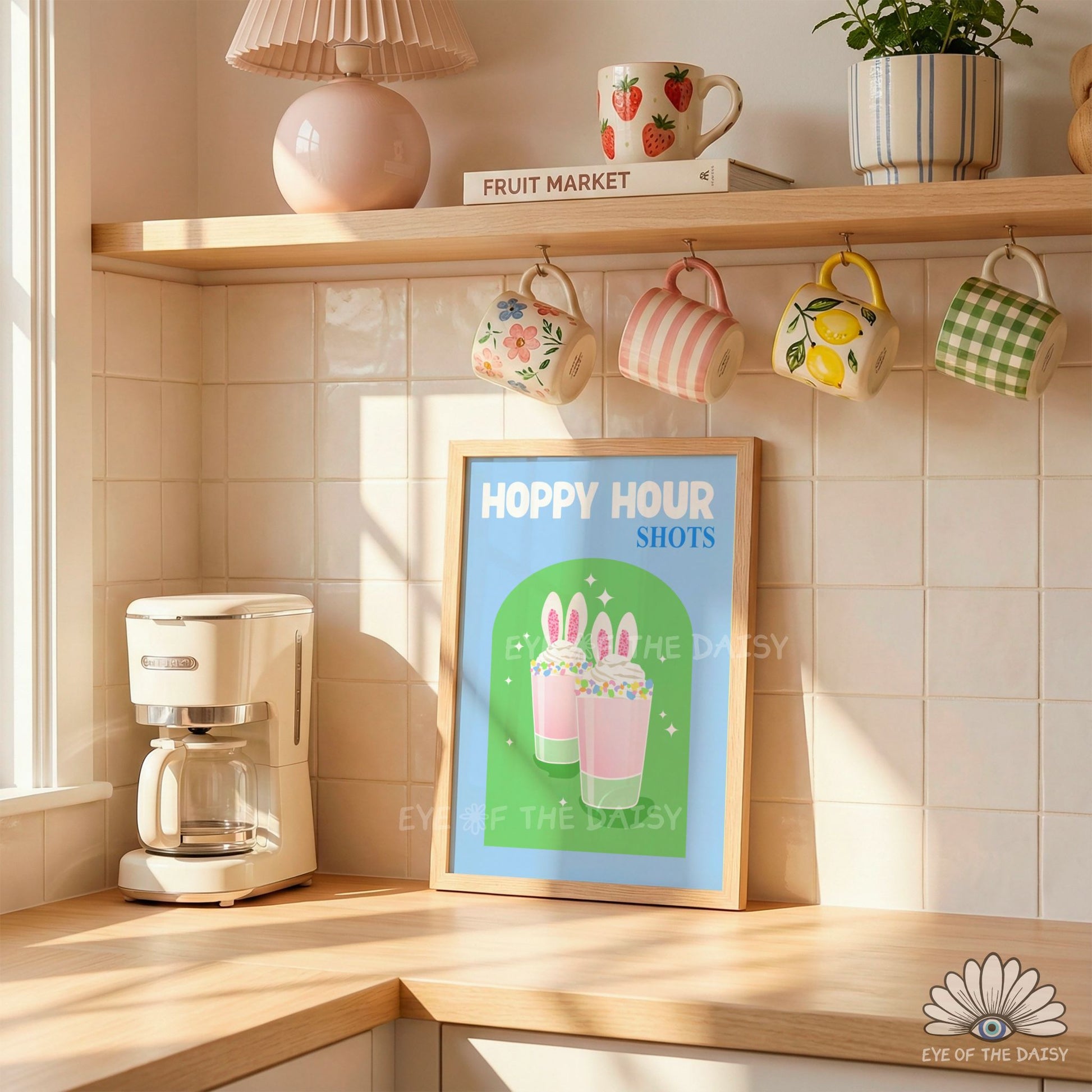 Hoppy Hour Shots printable wall art, colourful Easter bar sign, funny Easter kitchen decor