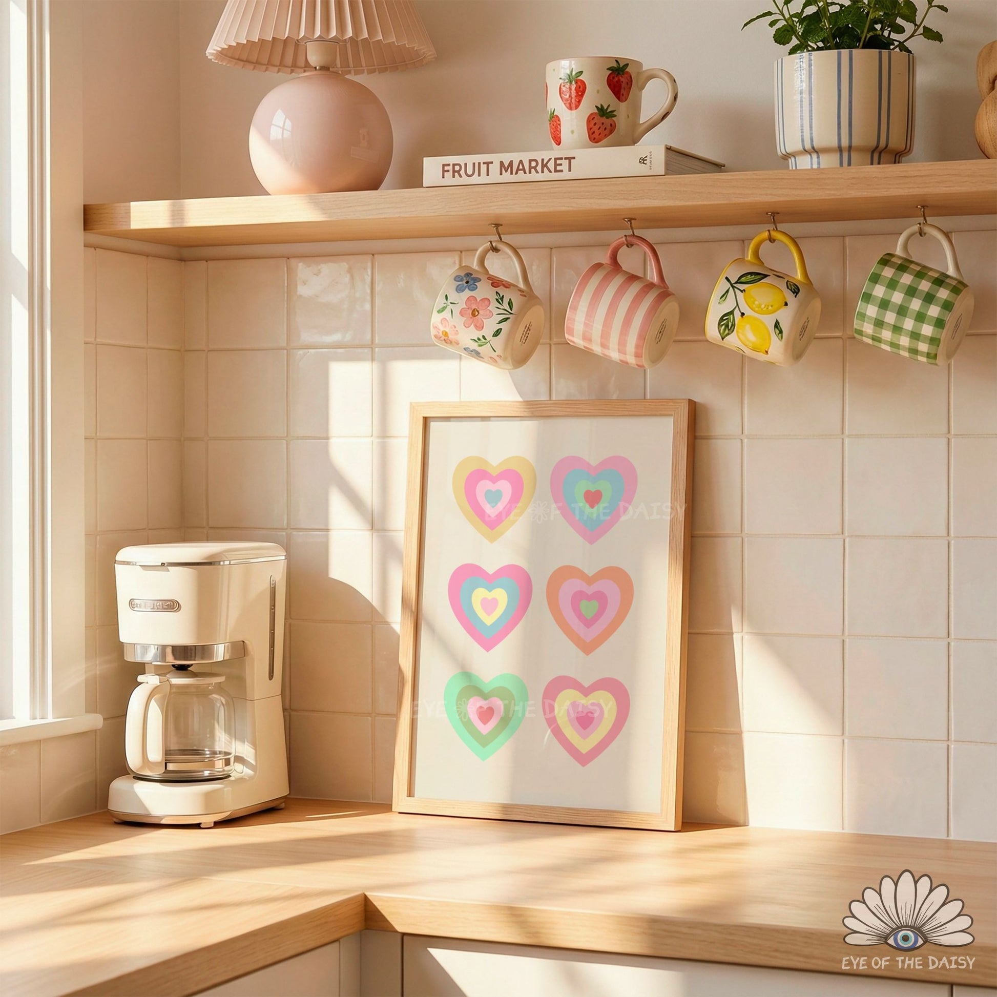 Retro hearts print digital download, gallery wall print or dopamine wall art for cute colourful kitchens