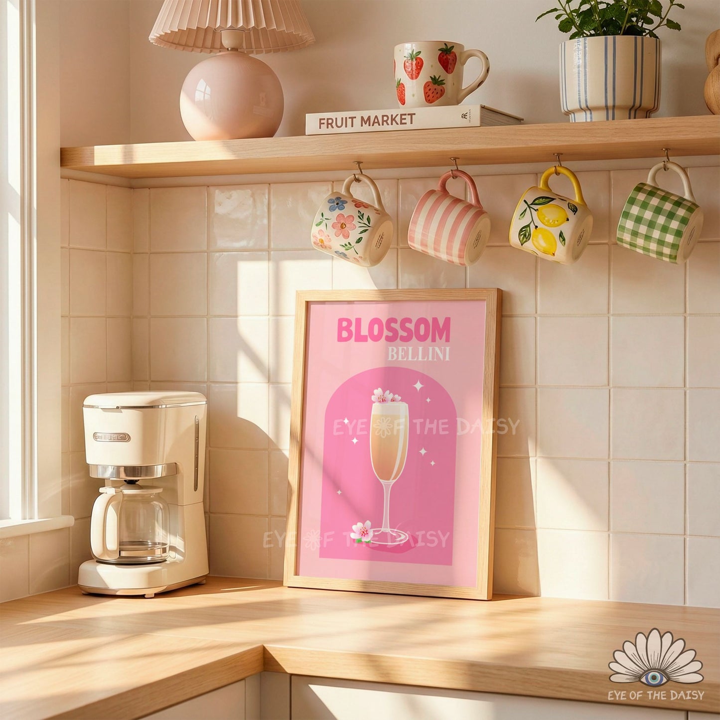 Spring cocktail printable, vibrant Blossom Bellini Spring dopamine decor for the kitchen or bar cart