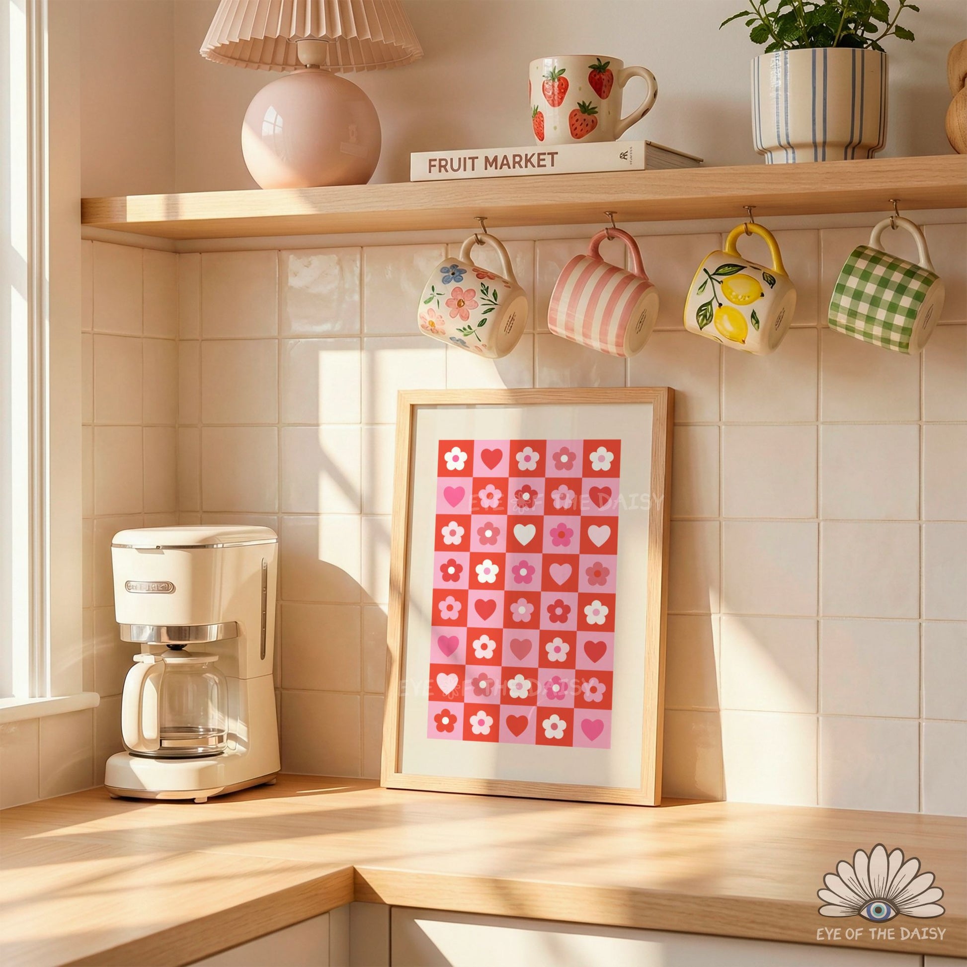 Cute and colorful digital download wall art, red and pink checkerboard design, perfect for dopamine décor
