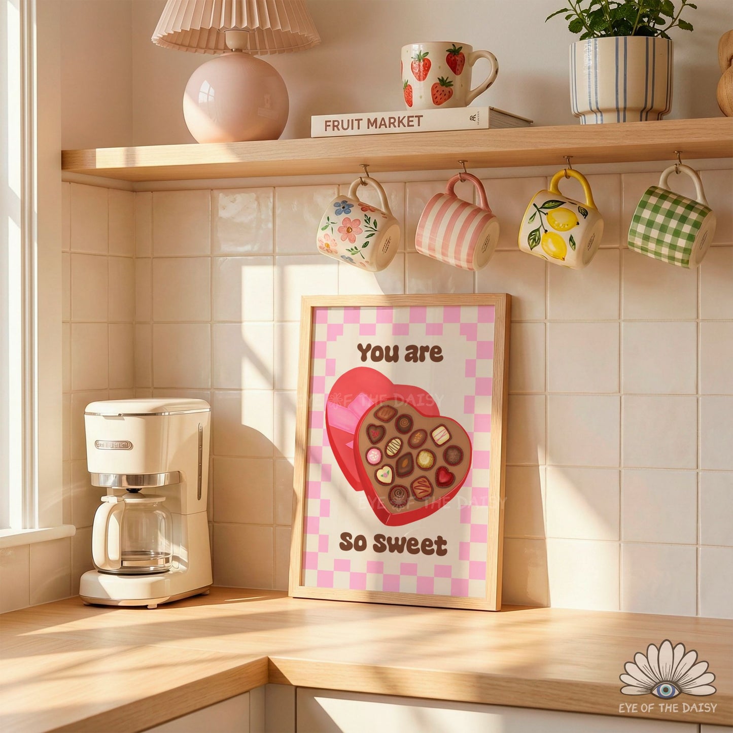 Funky retro Valentine’s Day art print download, heart shaped chocolate box design with checkerboard border