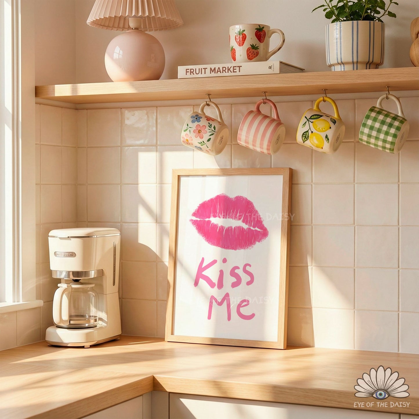 Hand drawn lips Kiss Me poster printable wall art in vibrant pink, dopamine decor and fun wall art