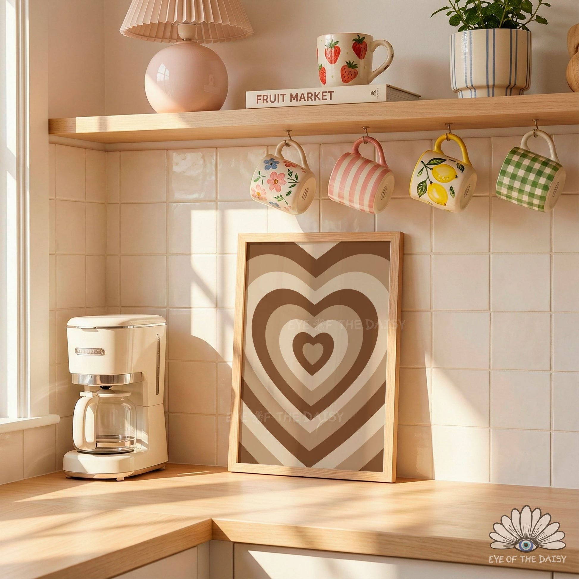 High resolution coffee coloured retro heart poster print instant download, playful and cute dopamine decor