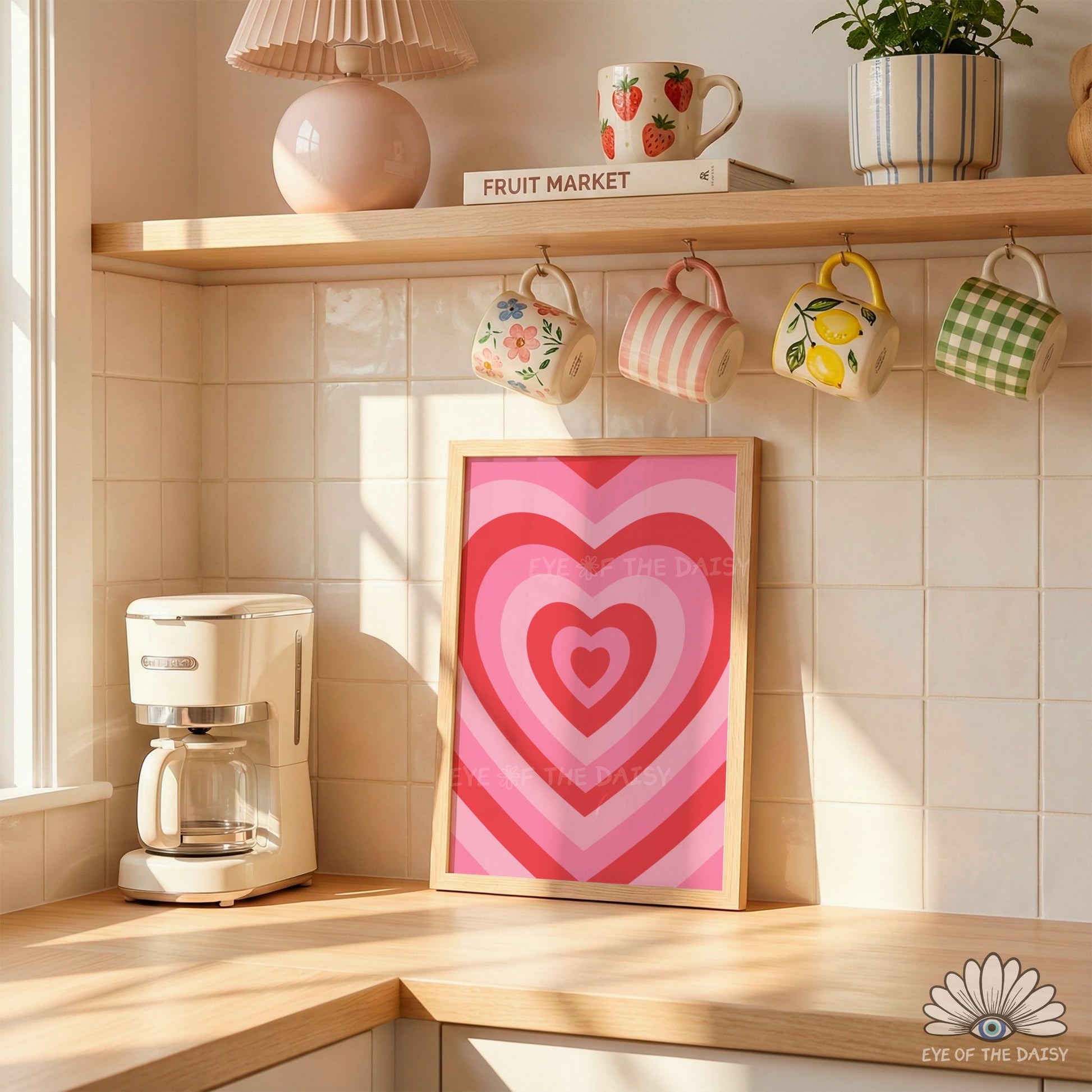 Red and pink retro heart printable poster, modern colourful dopamine decor for kitchens or living rooms