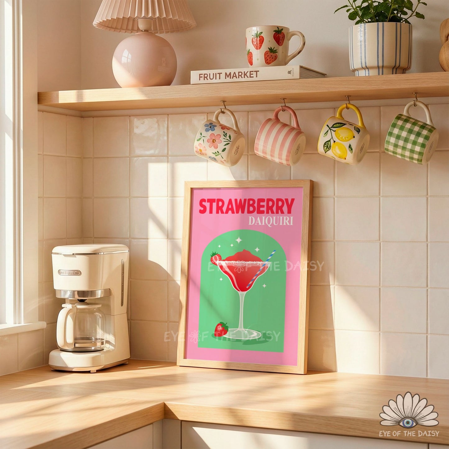 modern retro cocktail printable Strawberry Daiquiri poster for colourful kitchen or home bar wall art
