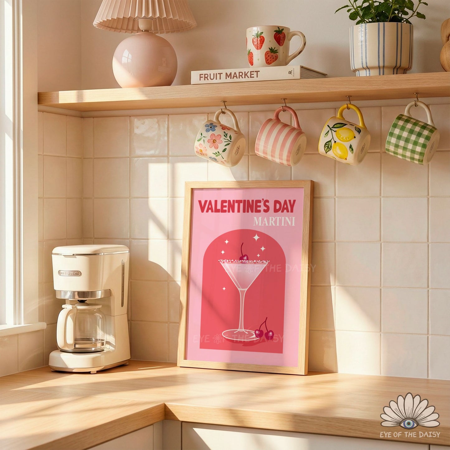 Hand drawn Valentine’s Day Martini printable wall art, modern, trendy and retro drink poster for home bars or kitchens