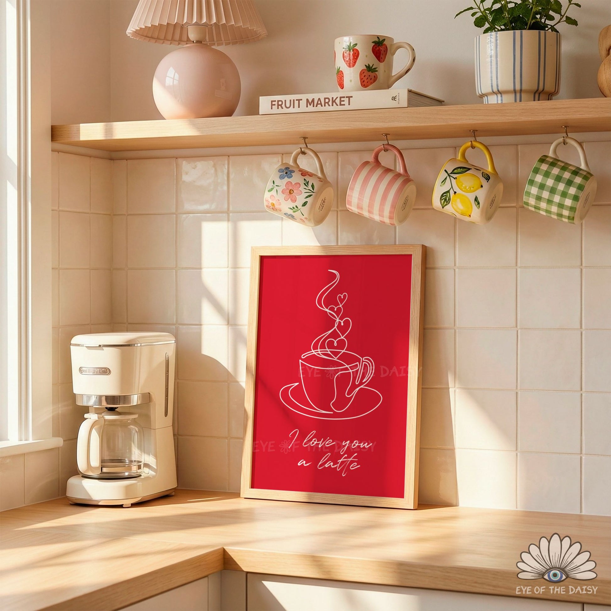 Coffee-themed Valentine’s Day printable wall art, playful latte cup illustration with hearts, perfect gift for coffee lovers