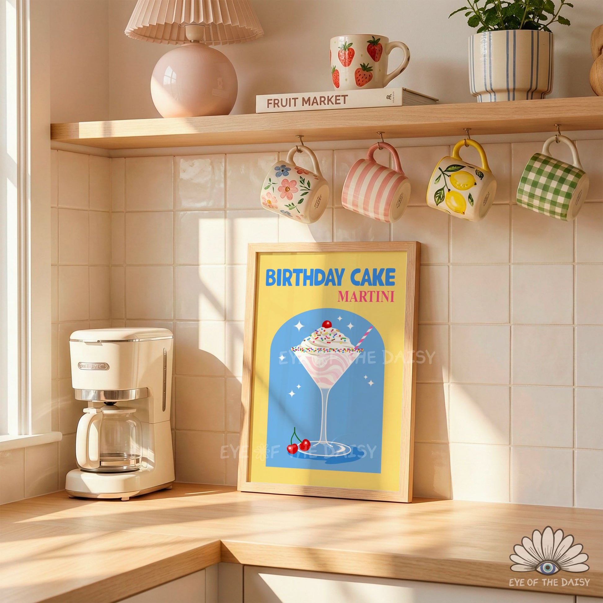funky retro cocktail print Birthday Cake Martini yellow and blue digital download for bar cart or kitchen