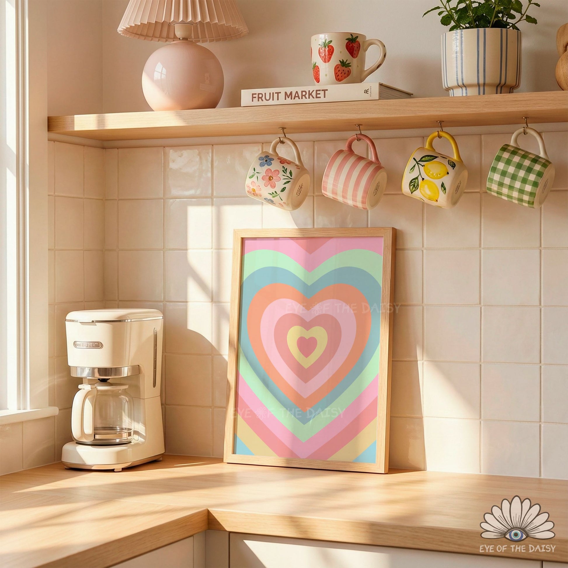 High resolution pastel retro heart print instant download, playful and preppy dopamine decor poster