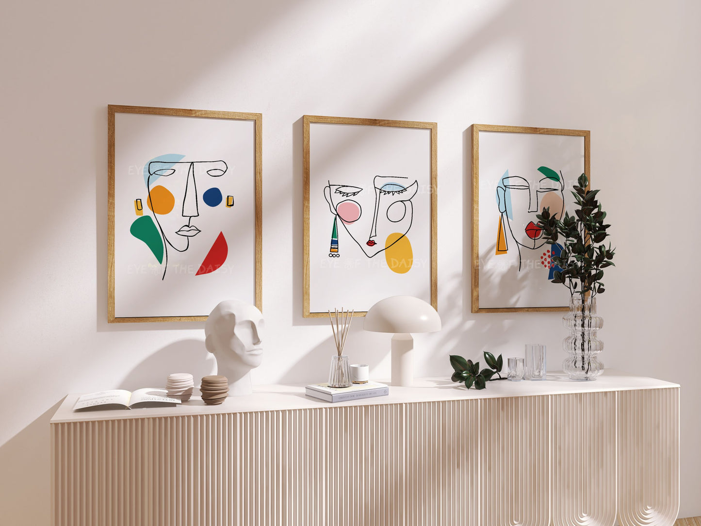 Printable abstract face triptych in bold black lines and color accents, contemporary home office or studio wall decor set