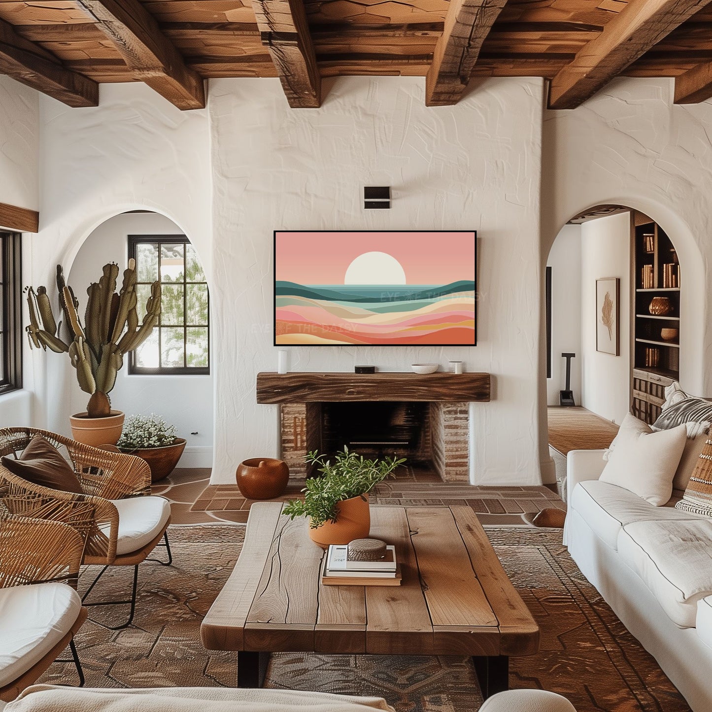 Pink Orange Teal Minimal Sea Sunset 4K TV Art | Mid Century Modern Coastal TV Art 4K