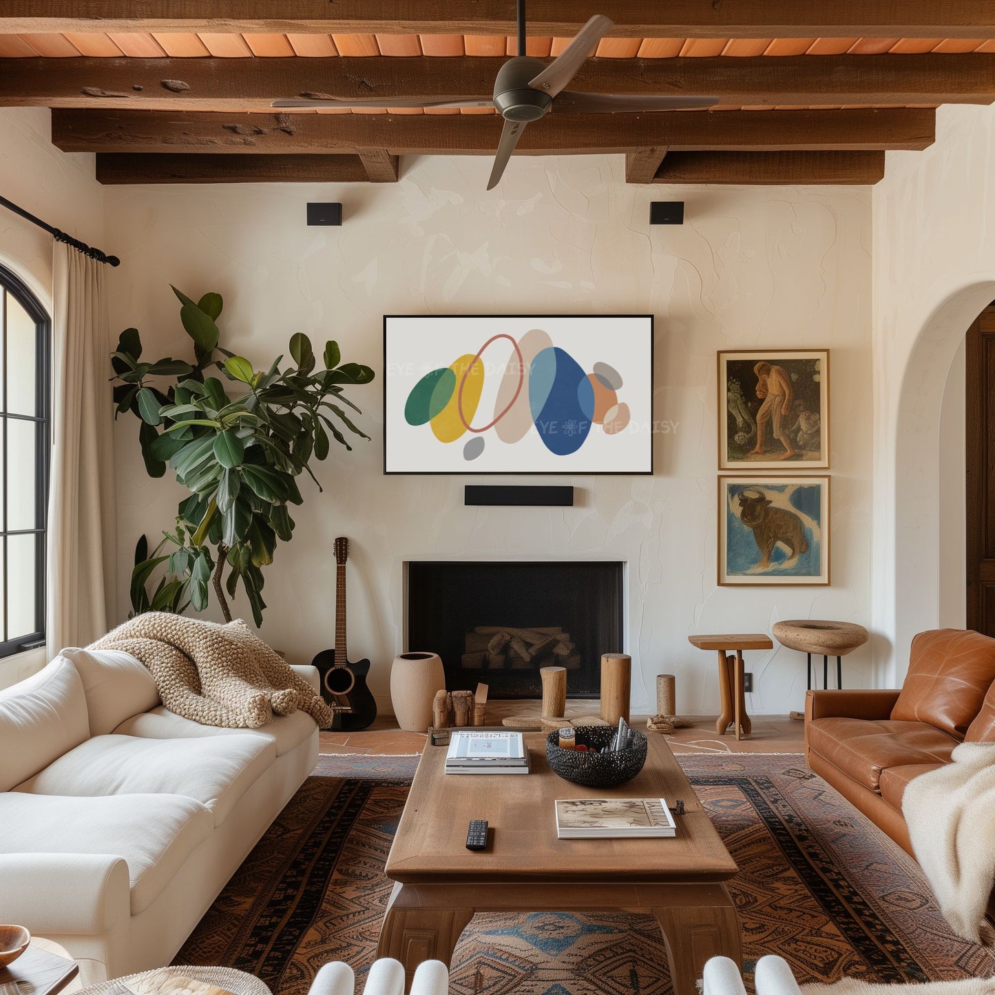 Blue Mustard Yellow Green Abstract 4K TV Art | Minimal Organic Shapes Art for TV Screen