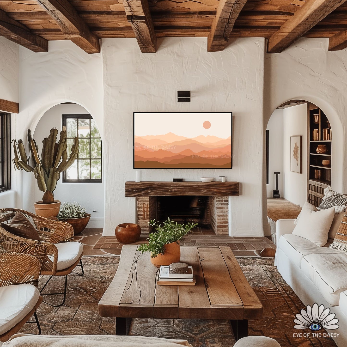 Minimal neutral mountain wall art for The Frame TV screensaver with beige, sand and taupe mountain landscape design