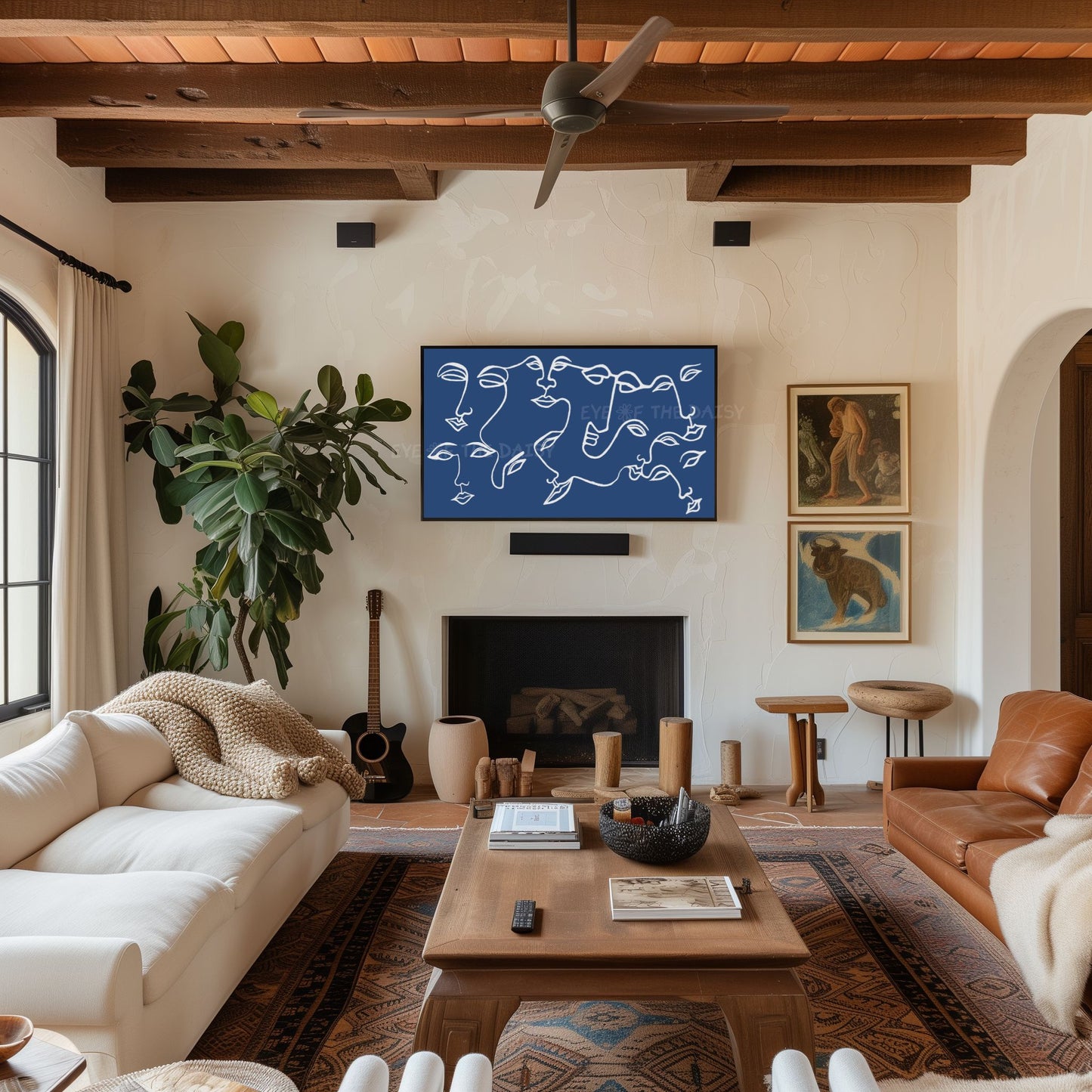 Navy Blue White Abstract Face 4K TV Art | Eclectic Face Line Art for TV Screen