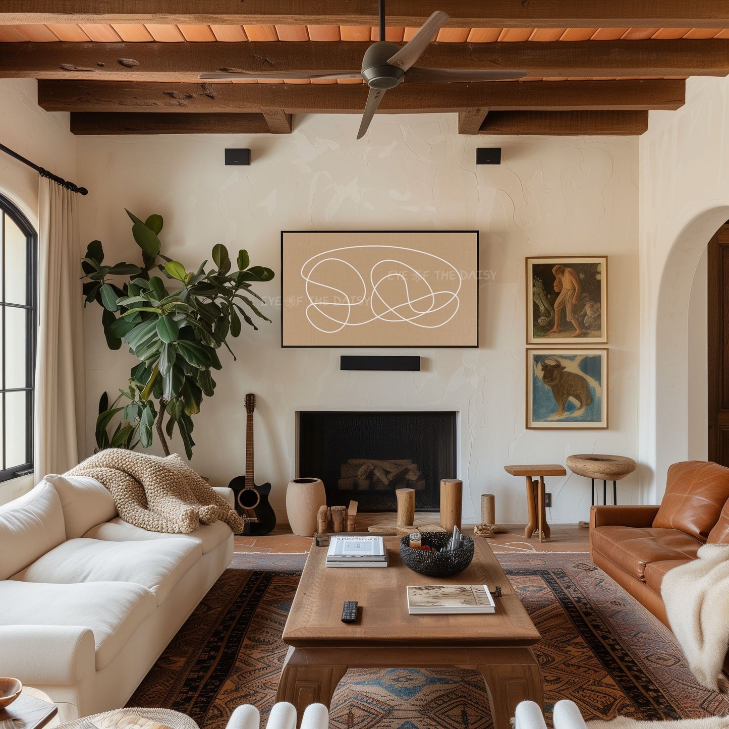 White Beige Boho Line Art 4K TV Art | Tan Minimal Abstract Scribble TV Artwork 4K