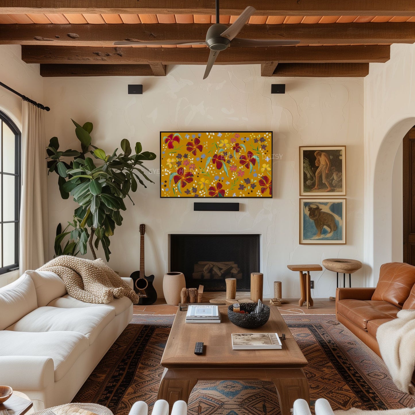 Mustard Yellow Maroon Abstract Floral 4K TV Art | Gold Flower Pattern 4K Art for TV Screen