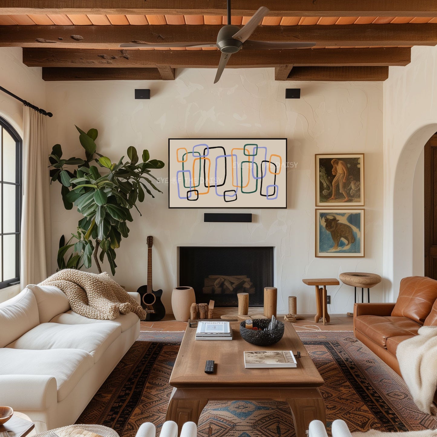 Mid Century Line Abstract 4K TV Art | Beige Mustard Blue Retro Art for TV Screen