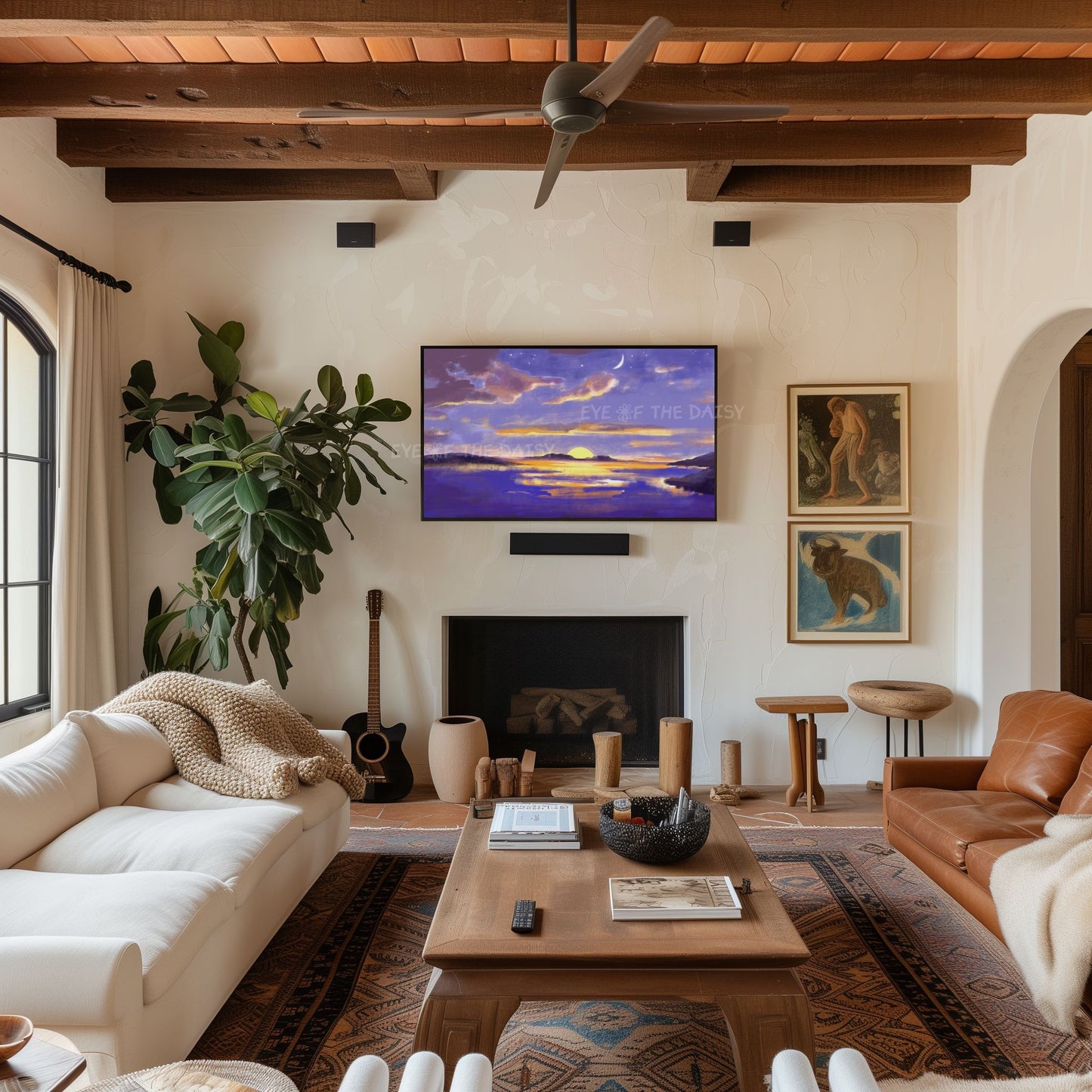 Abstract Moonlit Seascape 4K TV Art | Purple Yellow Coastal Landscape TV Art 4K