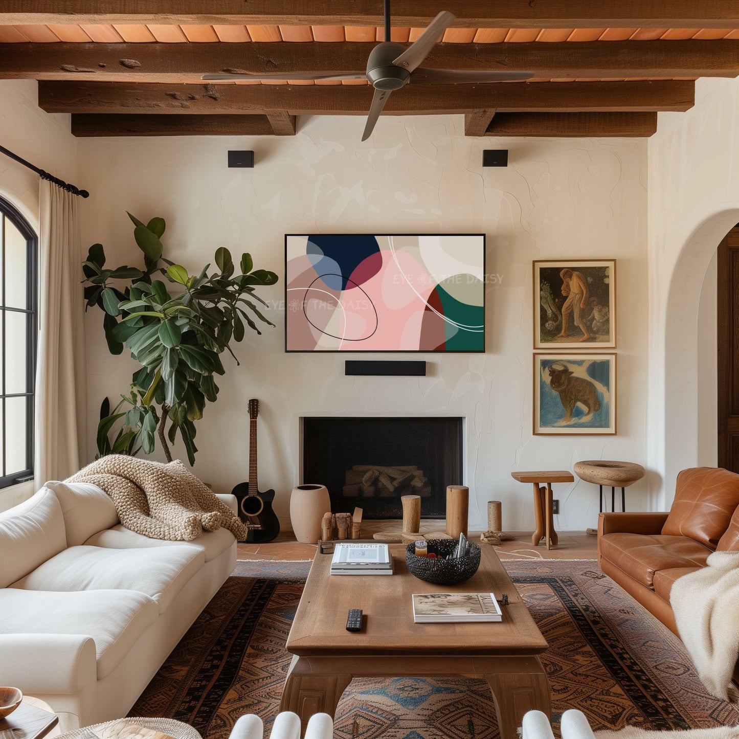 Navy Blue, Blush Pink & Forest Green Abstract 4K TV Art | Mid Century Modern TV Art