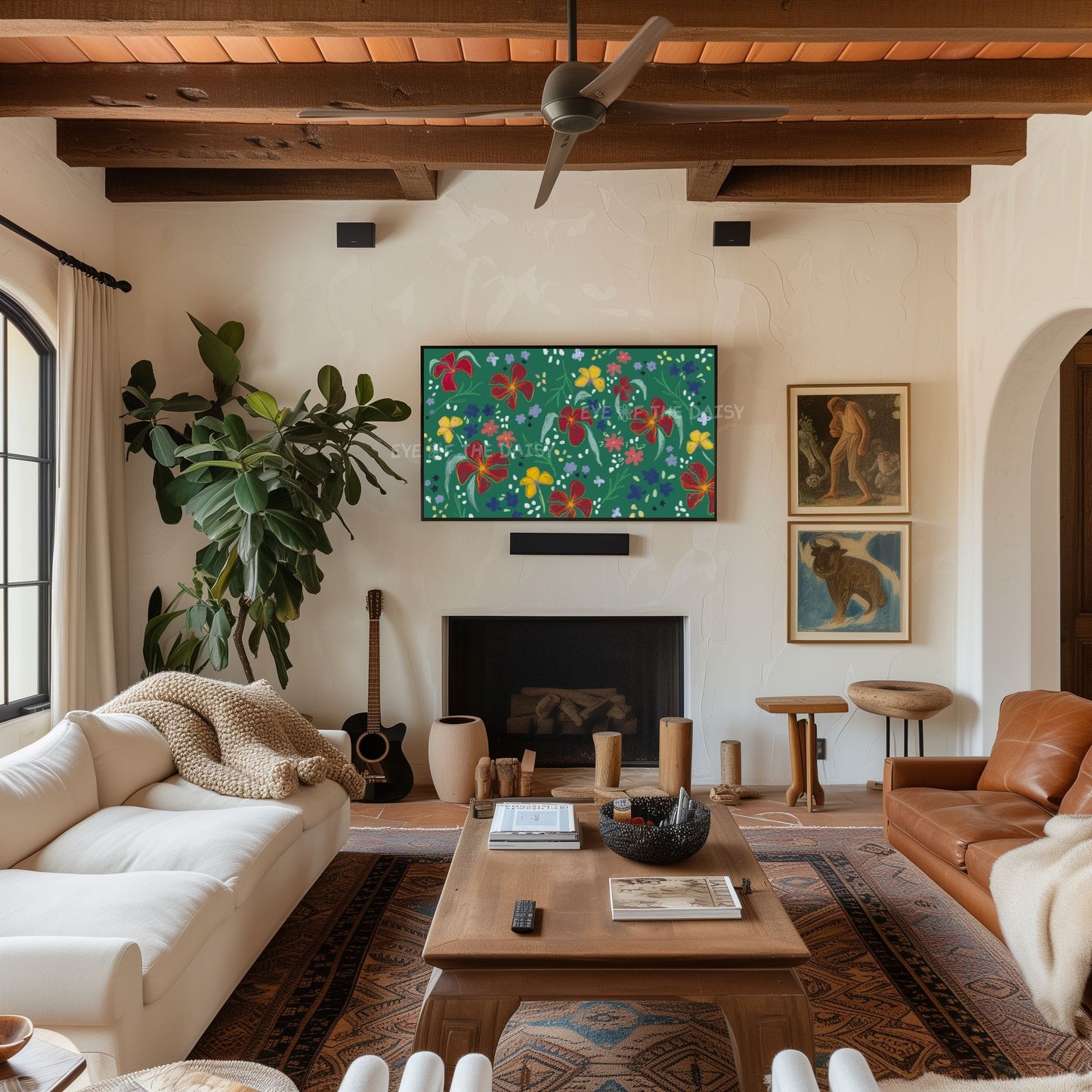 Dark Green Maroon Mustard Abstract Floral 4K TV Art | Flower Pattern Art for TV Screen