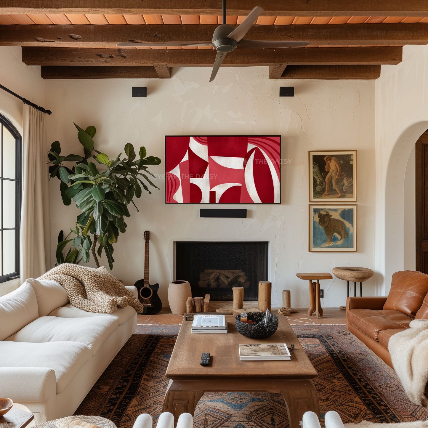 Maroon Beige Mid Century Modern 4K TV Art | Dark Red Geometric Abstract Art for TV Screen