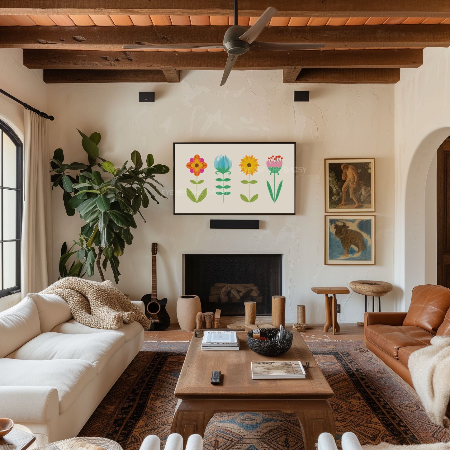 Nordic Folk Art Botanical 4K TV Art | Boho Colourful Scandi Flowers Art for Tv Screen 4K