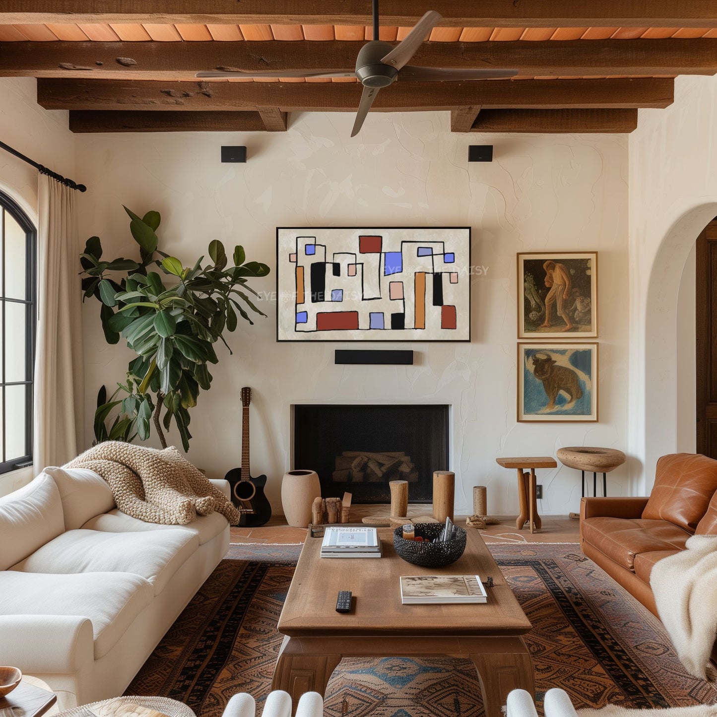 Mid Century Modern Abstract Line Art for TV 4K | Terracotta Beige Blue Boho 4K TV Art