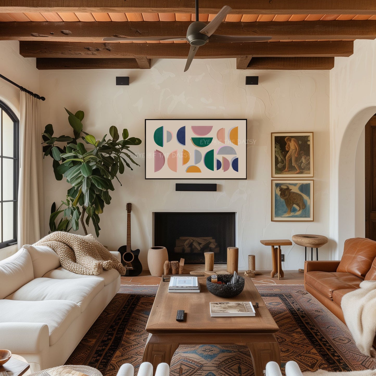 Mid Century Modern Semi-Circles 4K TV Art | Green Mustard Blush Pink Abstract TV Art 4K